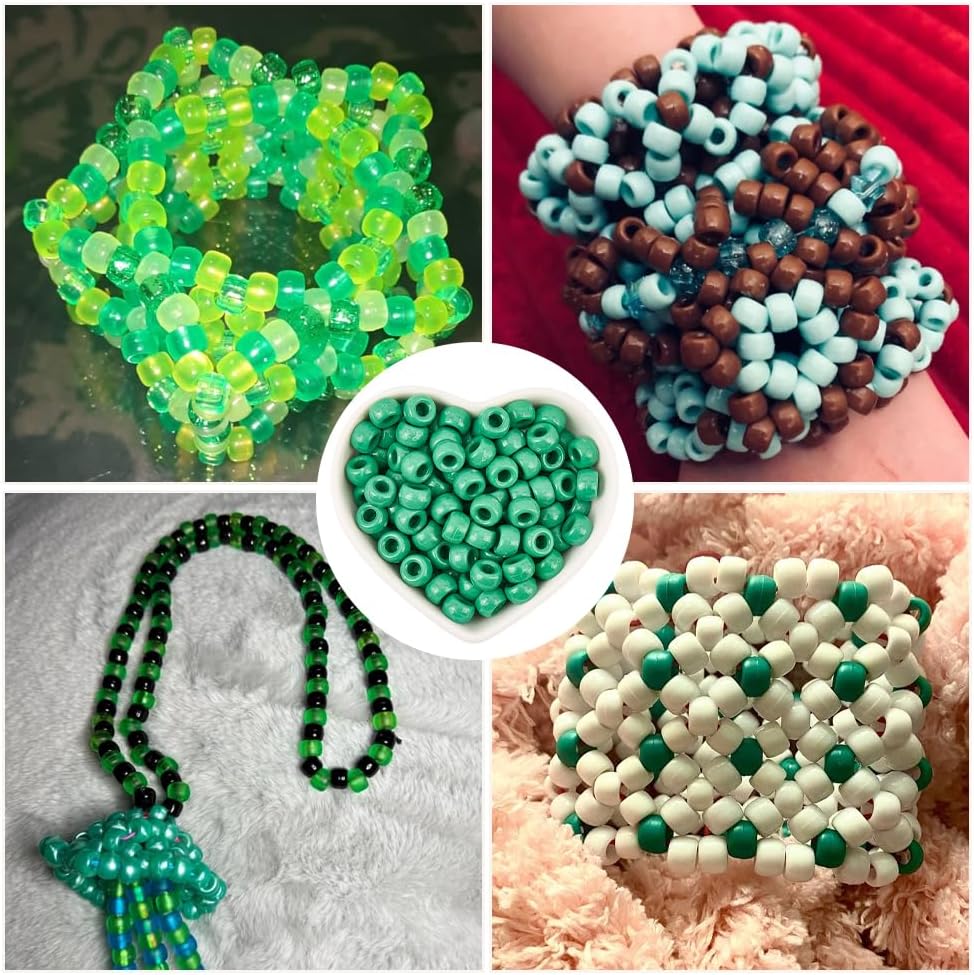 1 Box 800Pcs Green Pony Bead Bulk 9mm Pony Beads St Patrick's Day Spring Opaque Large Hole Pen Hair Kandi Decor Plastic Round Spacers for Jewelry Making Bracelet Necklace Earring DIY Craft
