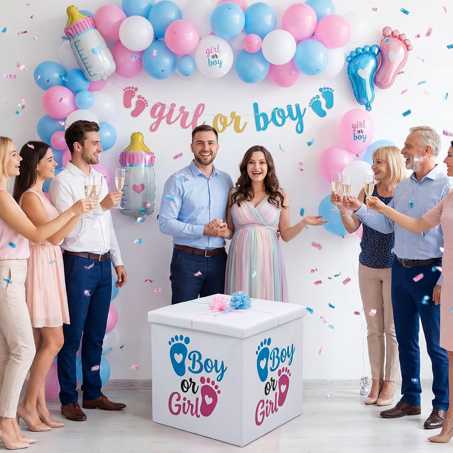 Thyle Reusable 24” Large Gender Reveal Box Kit, Pop up Baby Shower Box with Lid & Giant Bow, Foldable Keepsake Container for Boy or Girl Party Decor