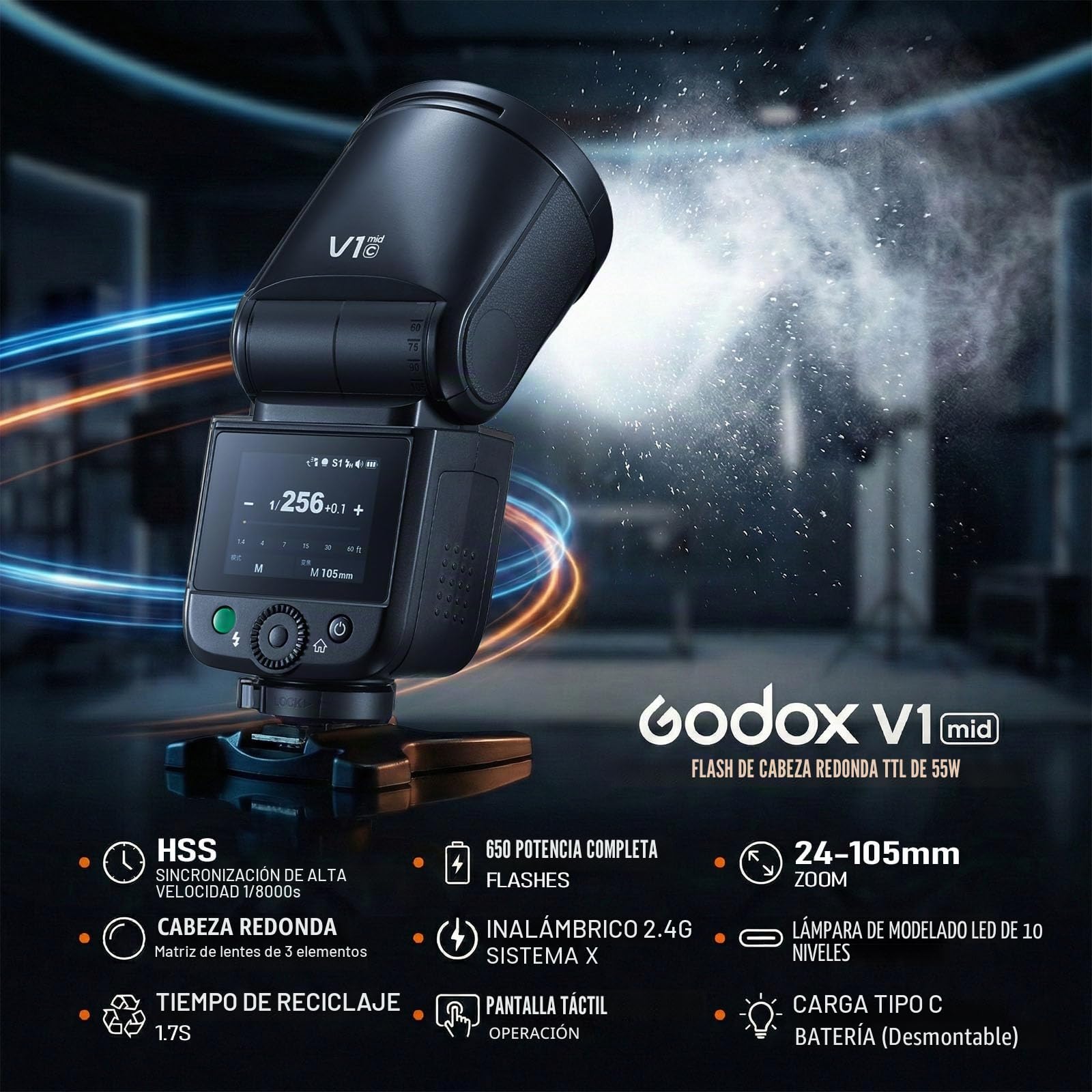 Godox V1 MID S Flash para Sony, Speedlite de Cabeza Redonda 55Ws, óptica 24mm, más de 650 Disparos, TTL/HSS 1/8000s, Compatible con Sony Alpha A9 III a7III a7CII a7IV a7C a7RV a7 a6700 a6400 ZV-E10 II