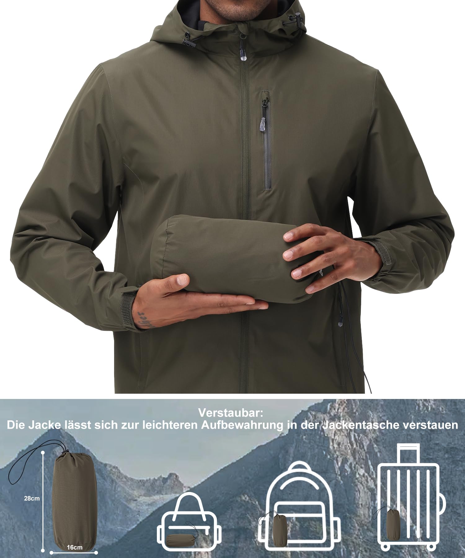 Huayuzh Chubasquero para hombre, impermeable, ligero, para camping, senderismo, transpirable, plegable, chaqueta softshell con capucha