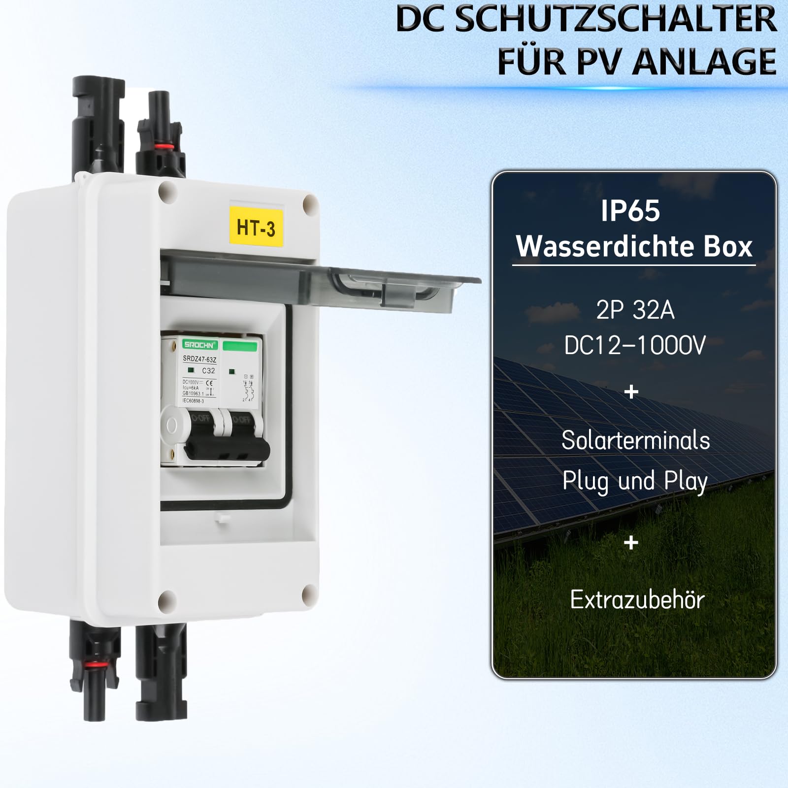 Warmfay DC Trennschalter PV Anlage Leitungsschutzschalter 32A 2 Polig, 12V-1000V DC Sicherungsautomat Mit Solarstecker, IP65 Wasserdicht Gehäuse für balkonkraftwerk
