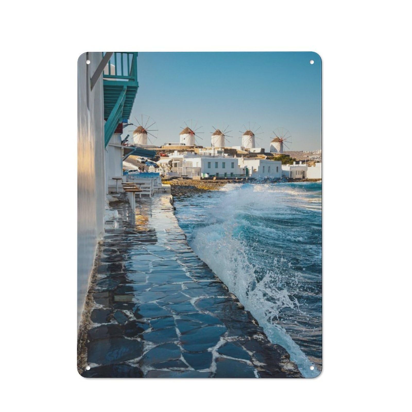 Junmoney Famous Windmills Mykonos For Lounge Or Reading Corner, Rustic Tin Sign 40X30cm, For An Autumn Update To Lounge And Reading Corner