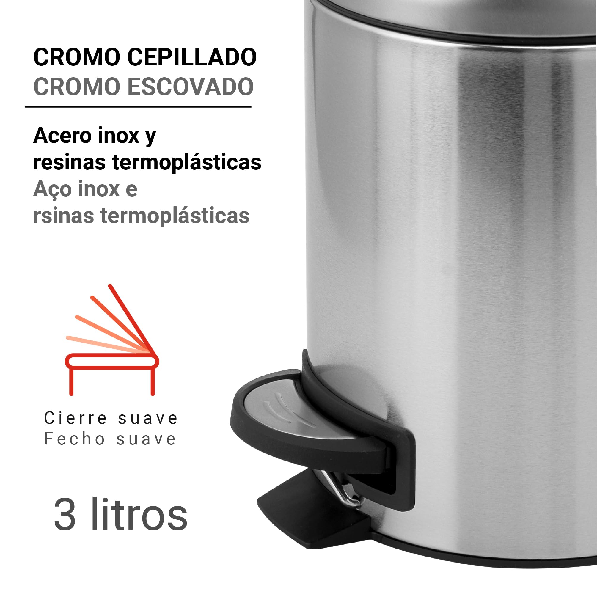 GEDY G-Potty pattumiera bagno satinata 3 L, Misure: 25,1X17,4X22,6 CM, In acciaio inox e polipropilene, Cestino bagno con chiusura soft close, Cestino removibile, Design R&S Gedy, 2 anni di garanzia