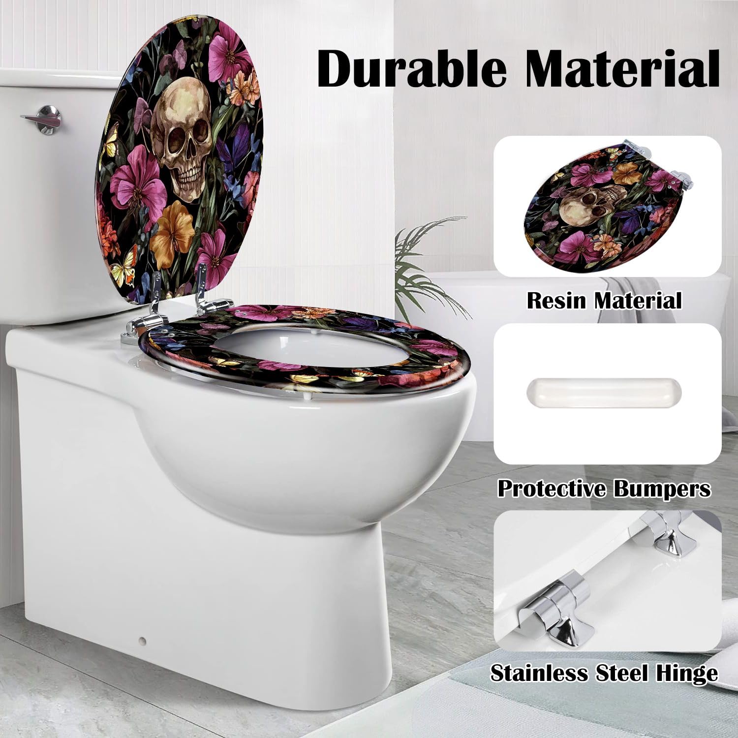 Sedile WC Allungato Decorativo In Resina con Copriwater: Teschio Ricamato, Farfalla E Fiore Tropicale, Chiusura Lenta E Silenziosa, Cerniere A Sgancio Rapido, Facile Da Pulire E Installare.