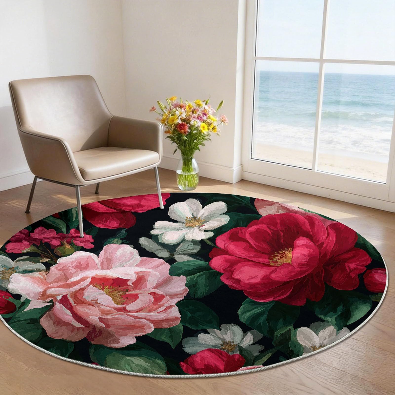 Tapis de salon rond 80 cm à motif camélia rouge et noir