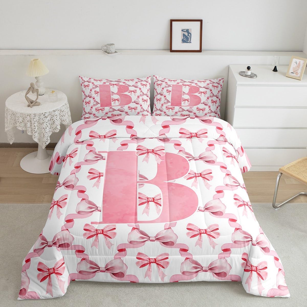 jejeloiu Cute Bowknot Kids Comforter Set Full Size Letter B Bedding Set Girls Pink Bow Duvet Quilt for Kids Boys Bedroom Monogrammed Decor Gifts for Daughter Women Teen Girls Coquette Bows