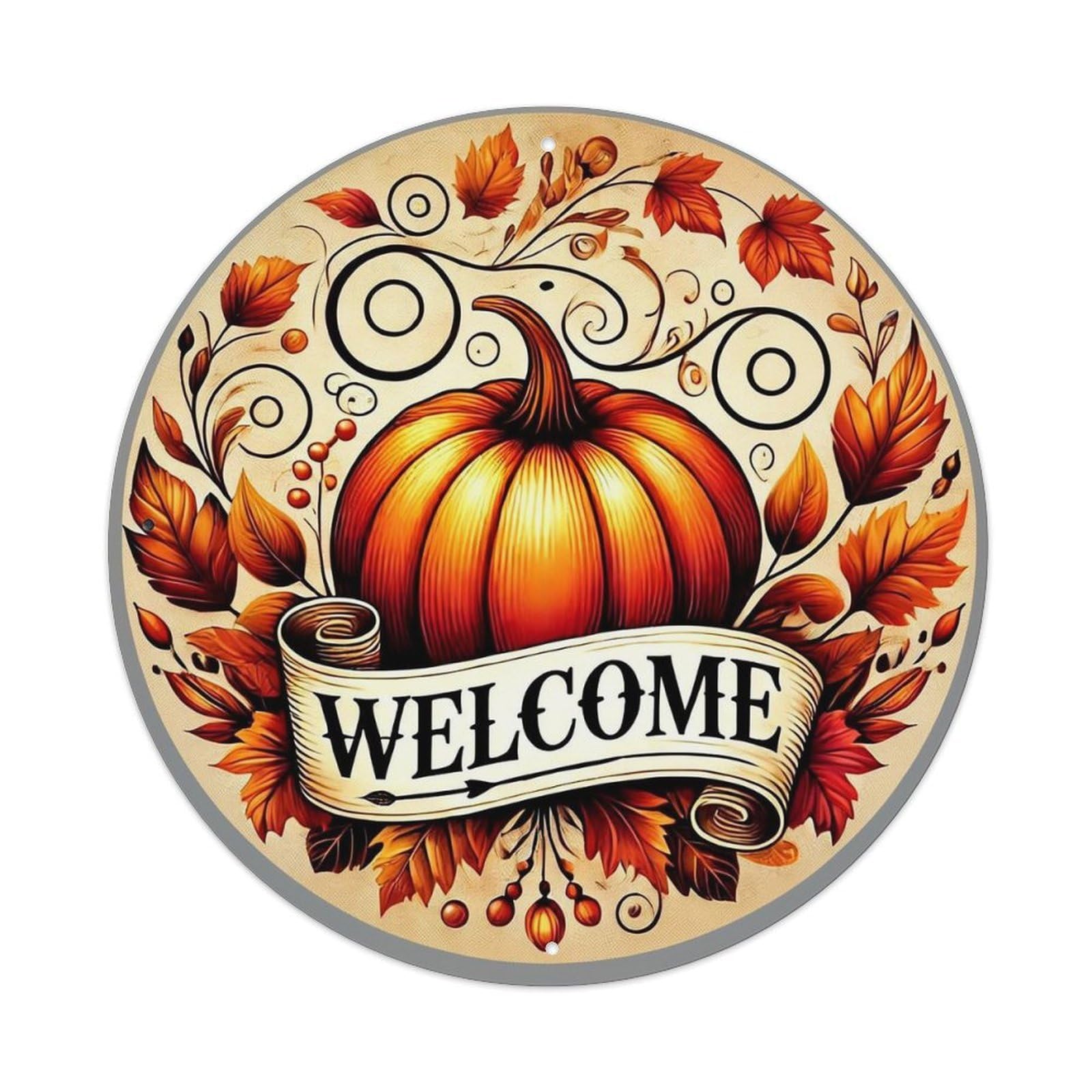 Welcome Autumn Pumpkin Leaf Design Tin Sign Metal Poster Vintage Metal Signs for Home Man Cave Bar Cafe Kitchen laundry room Wall Decorations 8x8 inches