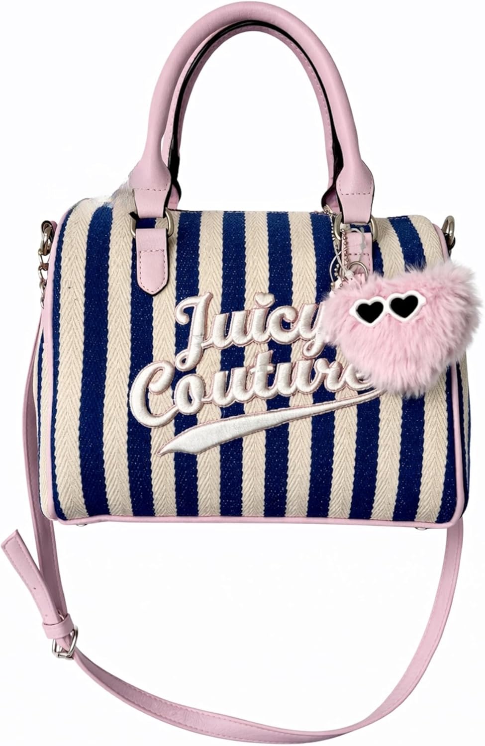 Juicy Couture Free To Be Juicy Speedy Satchel, Top Handle Handbag with Crossbody Strap, Embroidered Logo, Pink Pom-Pom Charm