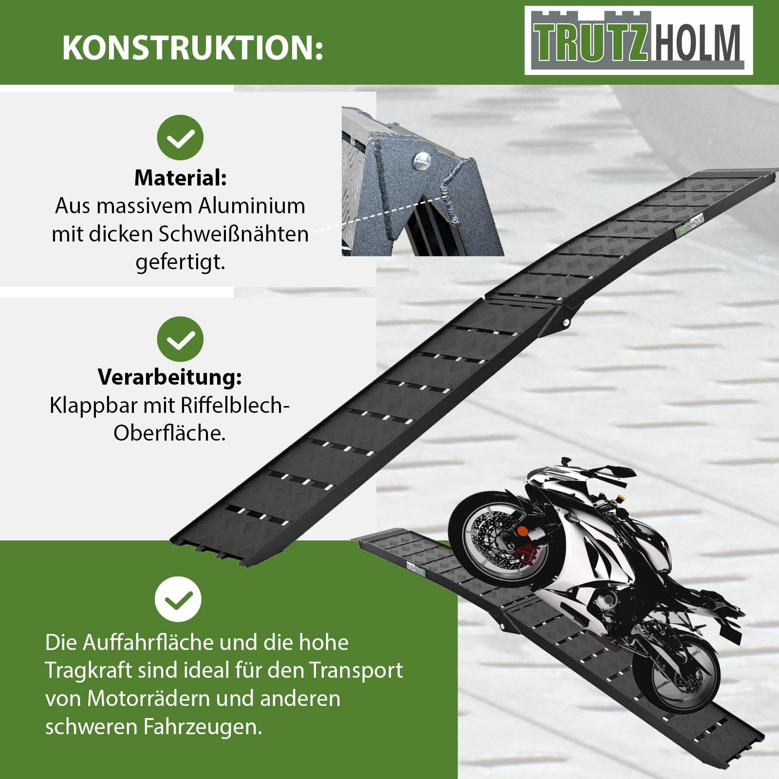 TRUTZHOLM 2 x Auffahrrampe 226 x 28,5 cm Traglast 1360 kg Alu klappbar geriffelt schwarz Motorradrampe Quadrampe