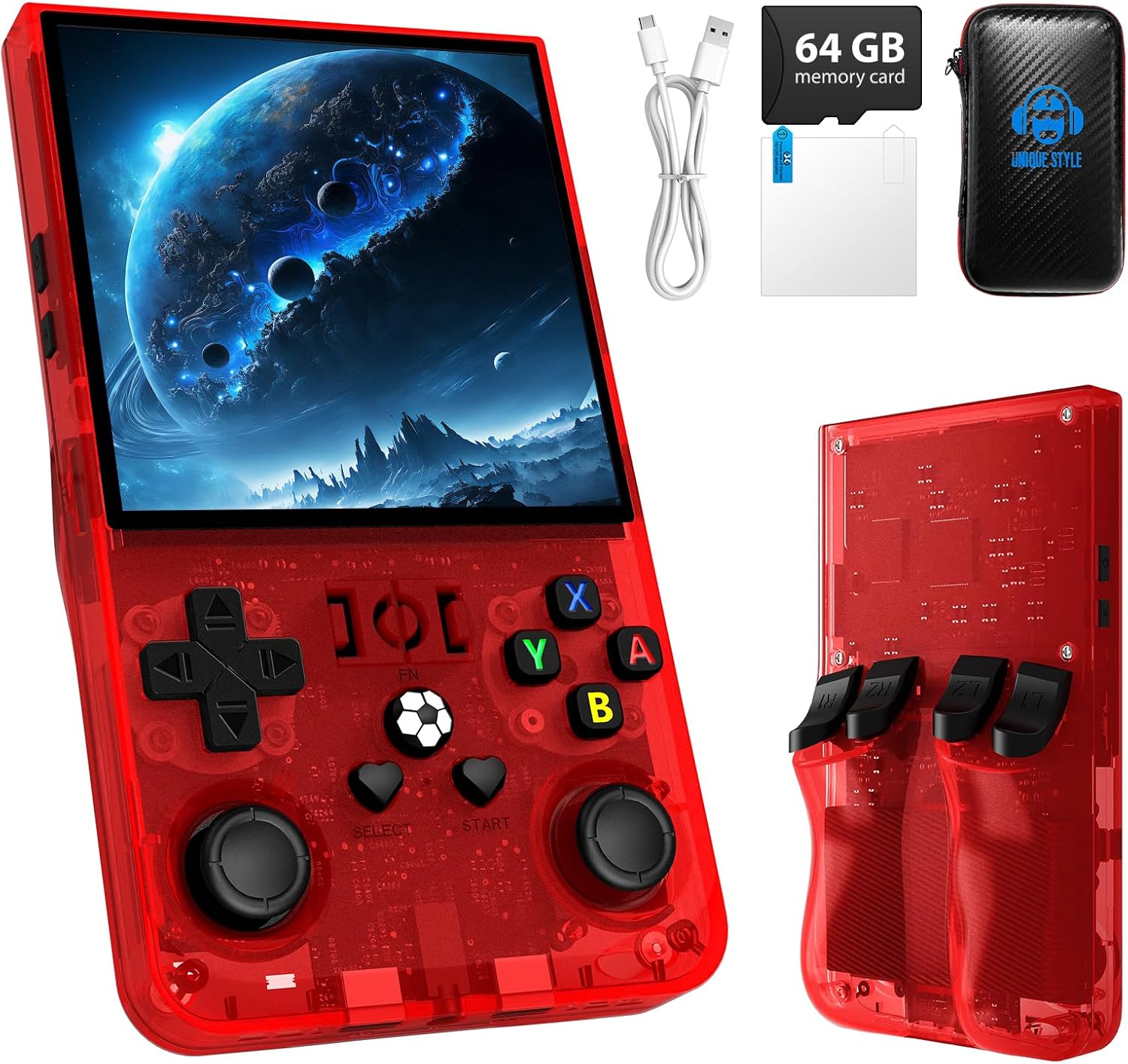 R36 Max Retro Gaming Console, Retro Handheld Console 4.0'' Screen Linux System, 64G TF Card, 4000mAh Rechargeable Portable Pocket Arcade, Red