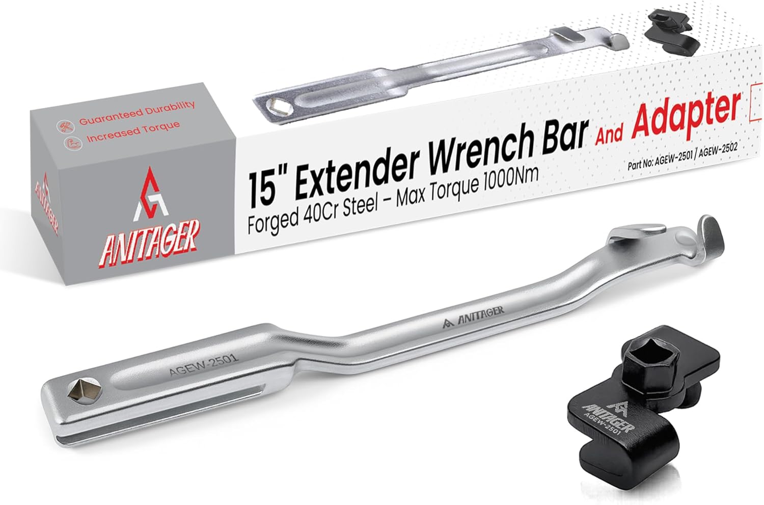 Wrench Extender Tool Set, 15-Inch Bar with Adapter, 2-Piece Heavy-Duty Forged Steel