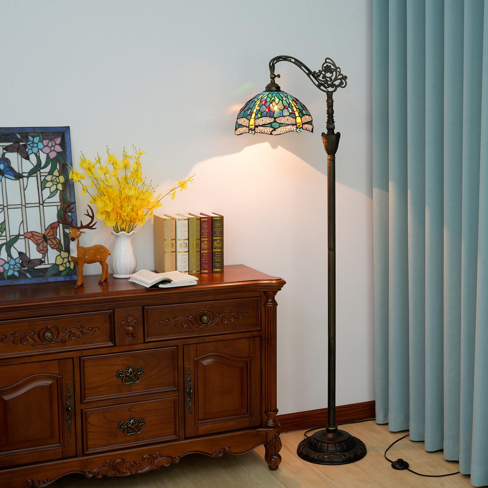 Lampa podłogowa Tiffany Vintage Lampa stojąca Zielono-niebieska lampka podłogowa ze szkła witrażowego Rustykalna lampa podłogowa z regulowanym kątem nachylenia do dekoracji wnętrz Salon Sypialnia