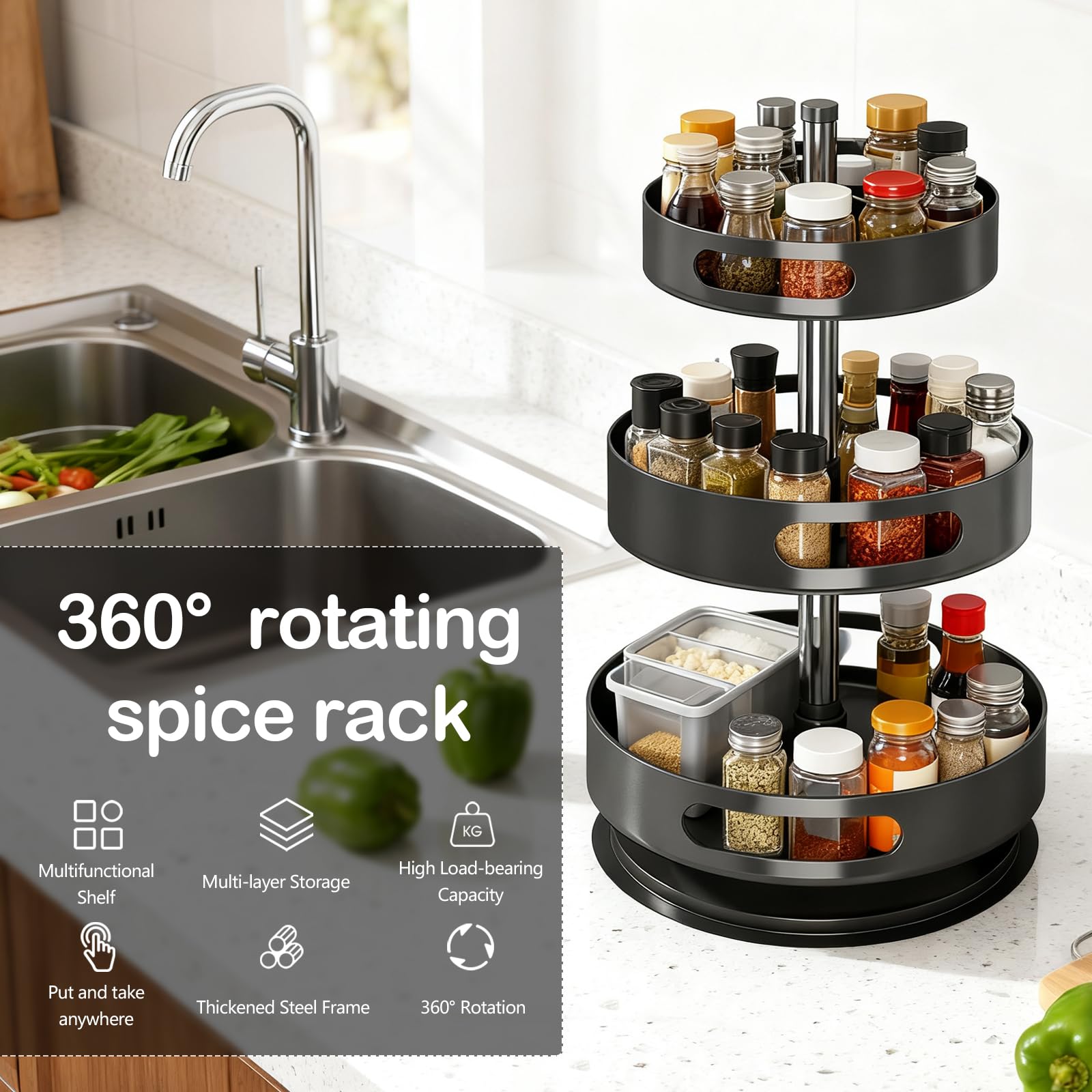 Portaspezie Girevole a 3 Livelli, Organizzatore Spezie in Metallo Lazy Susan per Armadietti, Porta Spezie Girevole per Cucina, Organizer Regolabile in Altezza per Cosmetici Bagno