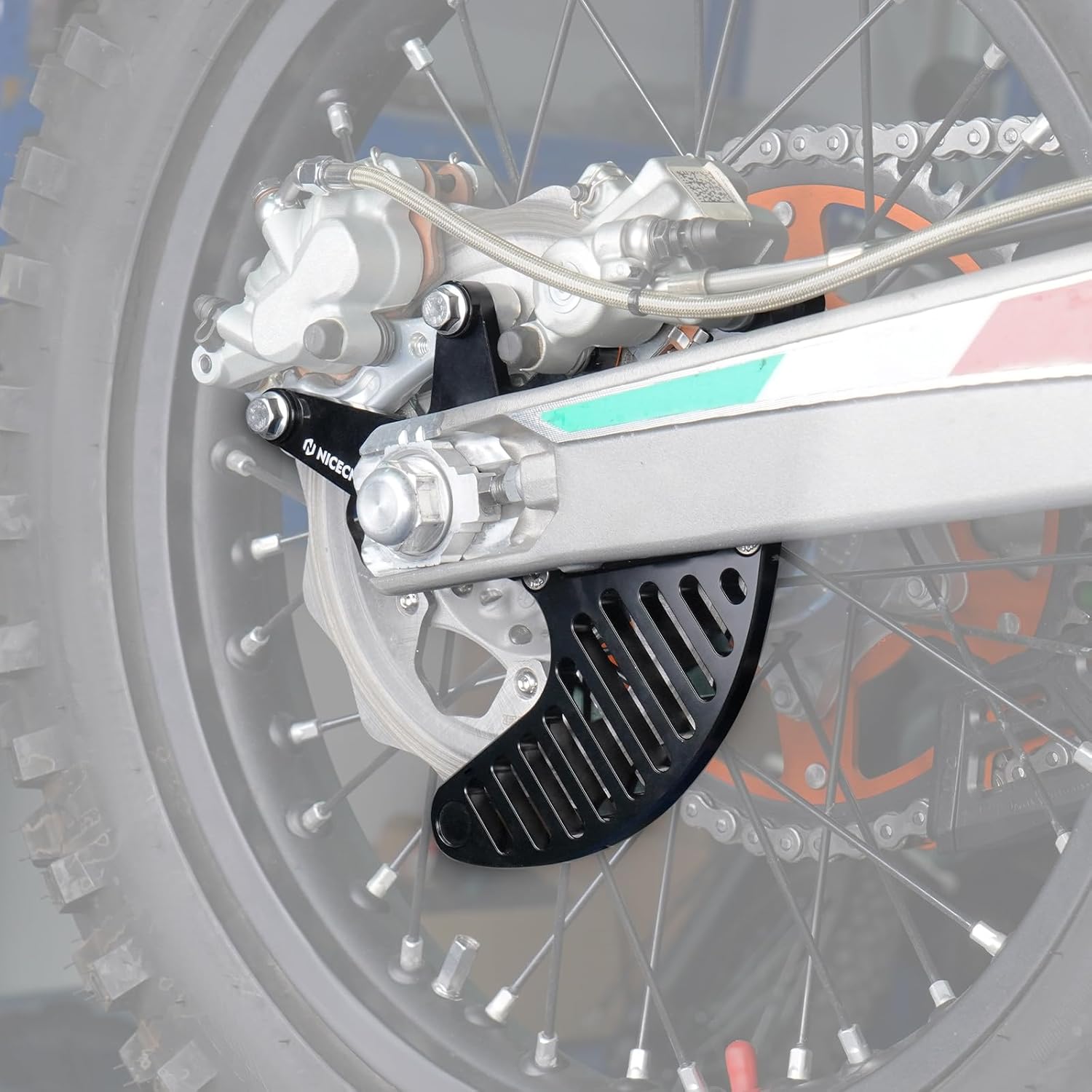 NICECNC Black Rear Dual Calipers Bracket Stunt Brake Disc Cover 7701301500101 Compatible with KTM 50-500 EXC/EXCF/XCW/XCF-W/XW-F 2004-2024 Compatible with 125-450 FC/FX/TX/TC 2014-2024 See Fitment