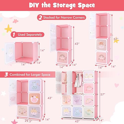 Miniatura 26 de HONEY JOY Armario para niños, organizador de almacenamiento de ropa de dibujos animados para bebés, 8 cubos y 2 secciones para colgar, armario