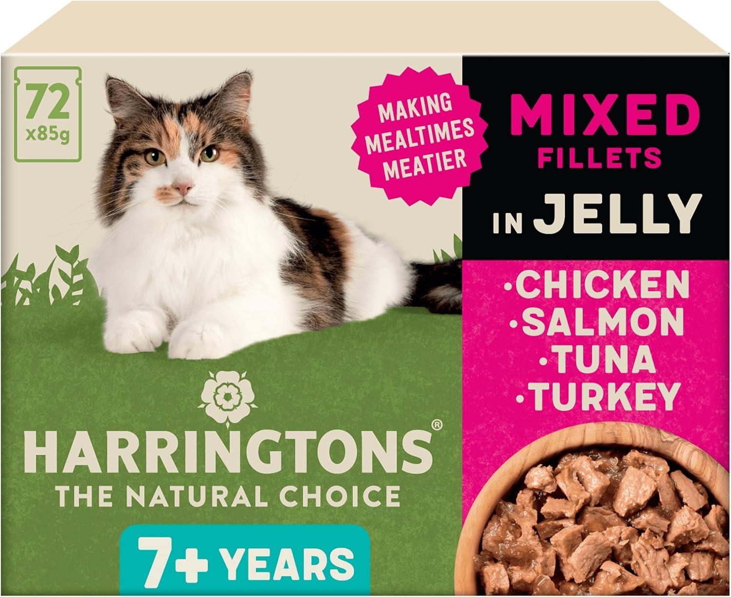 Harringtons Complete Wet Pouch Grain Free Hypoallergenic Senior Cat Food Mixed in Jelly Pack 72x85g - Chicken, Salmon, Tuna & Turkey - Making Mealtimes Meatier