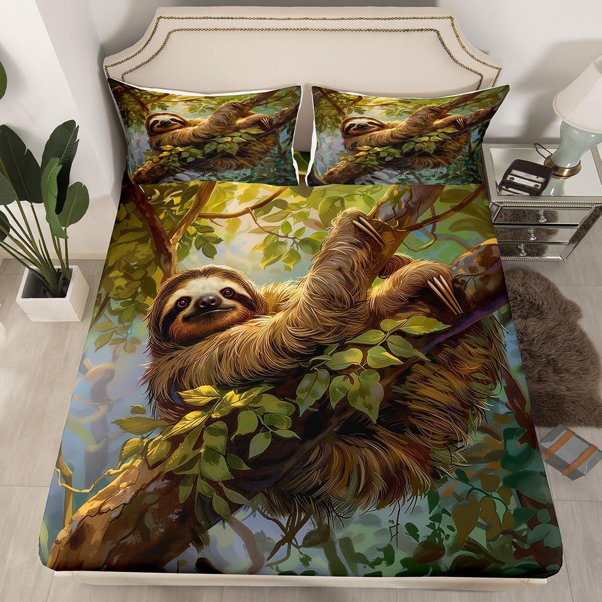 Erosebridal Cute Sloth Bed Sheets 3D Cartoon Sloth Fitted Sheet Full Size, Jungle Woodland Animal Bedding Botanical Plants Sheet, Tree Branches Leaves Bed Cover (Deep Pocket)