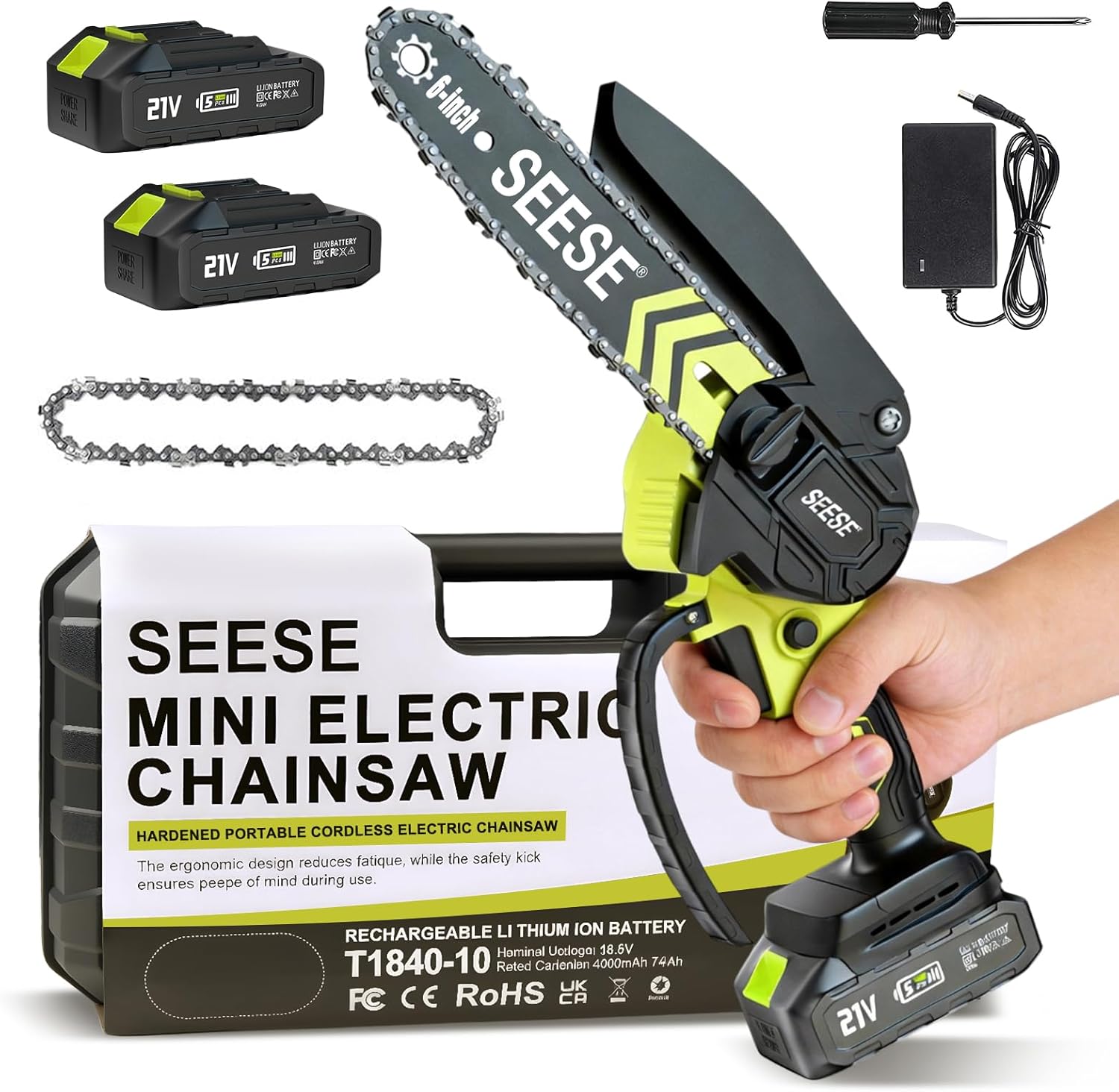 6-inch Mini Chainsaw Cordless: Home Garden Electric Chainsaw - 950W Pure Copper Brushless Motor, High Efficiency, Low Noise, 21V Batteries x2, Up to 80-Min Runtime