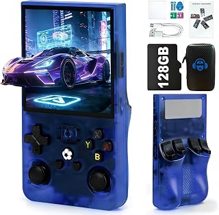 R36MAX Retro Video Game Console–Portable Handheld with 4.0-Inch HD Screen,128G TF Card,4000mAh Battery,22000+ Classic Video Games,Open-Source System, for Adults–Blue