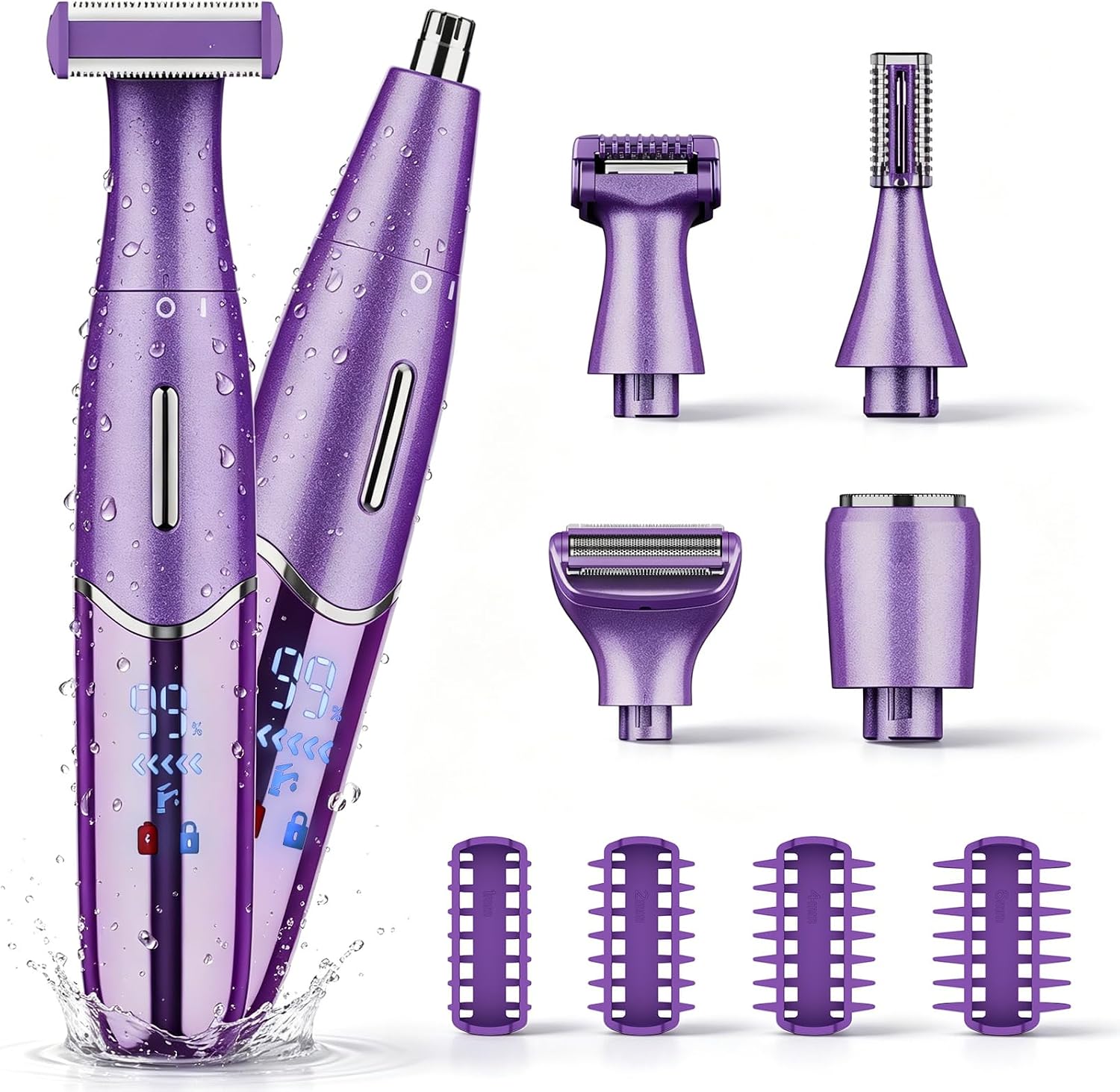 Qreeyx 6-in-1 Electric Razor for Women, Cordless USB Rechargeable Body Shaver, Wet & Dry Painless Hair Remover for Face, Underarm, Bikini & Private Areas, Purple