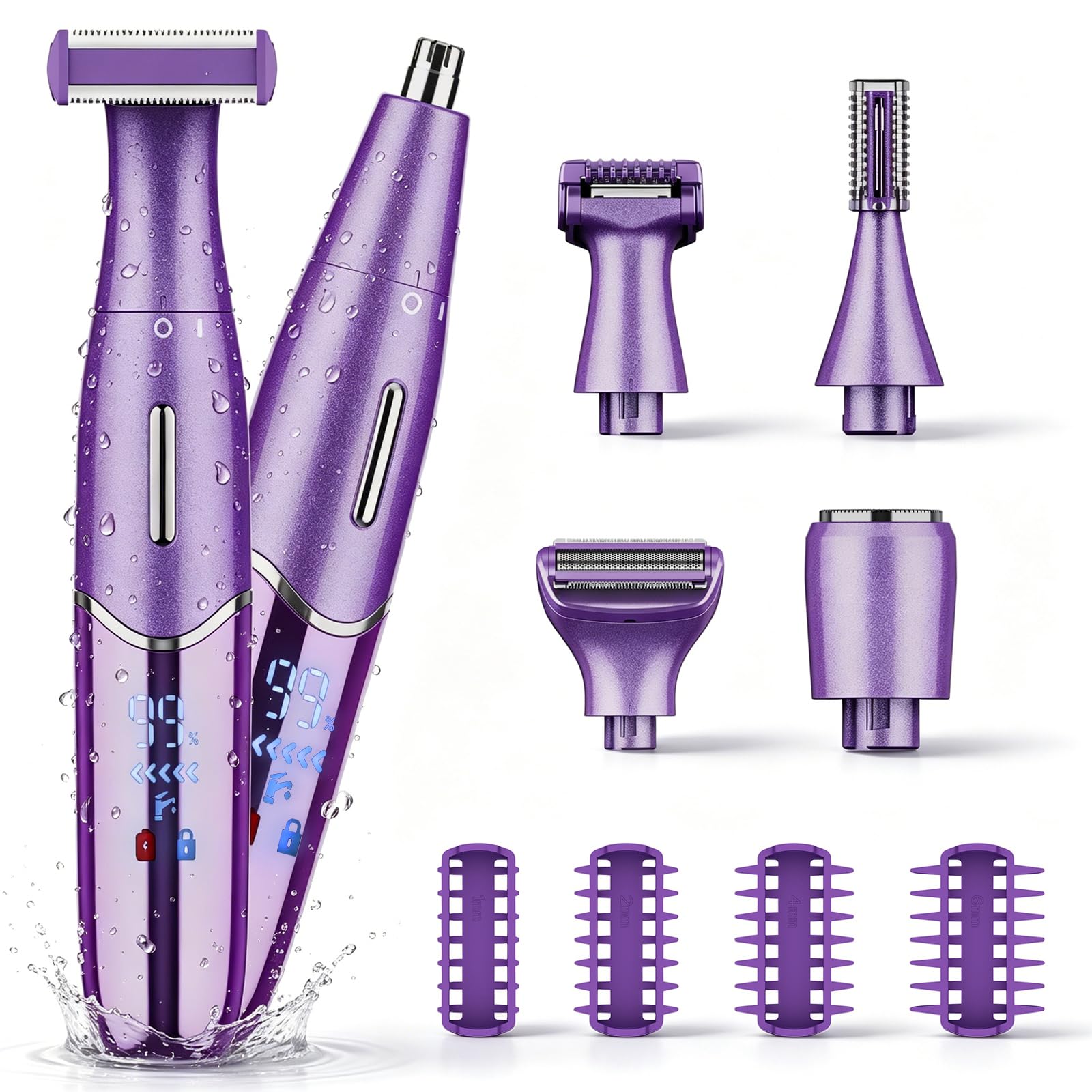 Qreeyx Maquinilla de afeitar eléctrica 6 en 1 para mujer, afeitadora corporal inalámbrica recargable por USB, removedor de vello húmedo y seco, indoloro para cara, axilas, bikini y áreas privadas