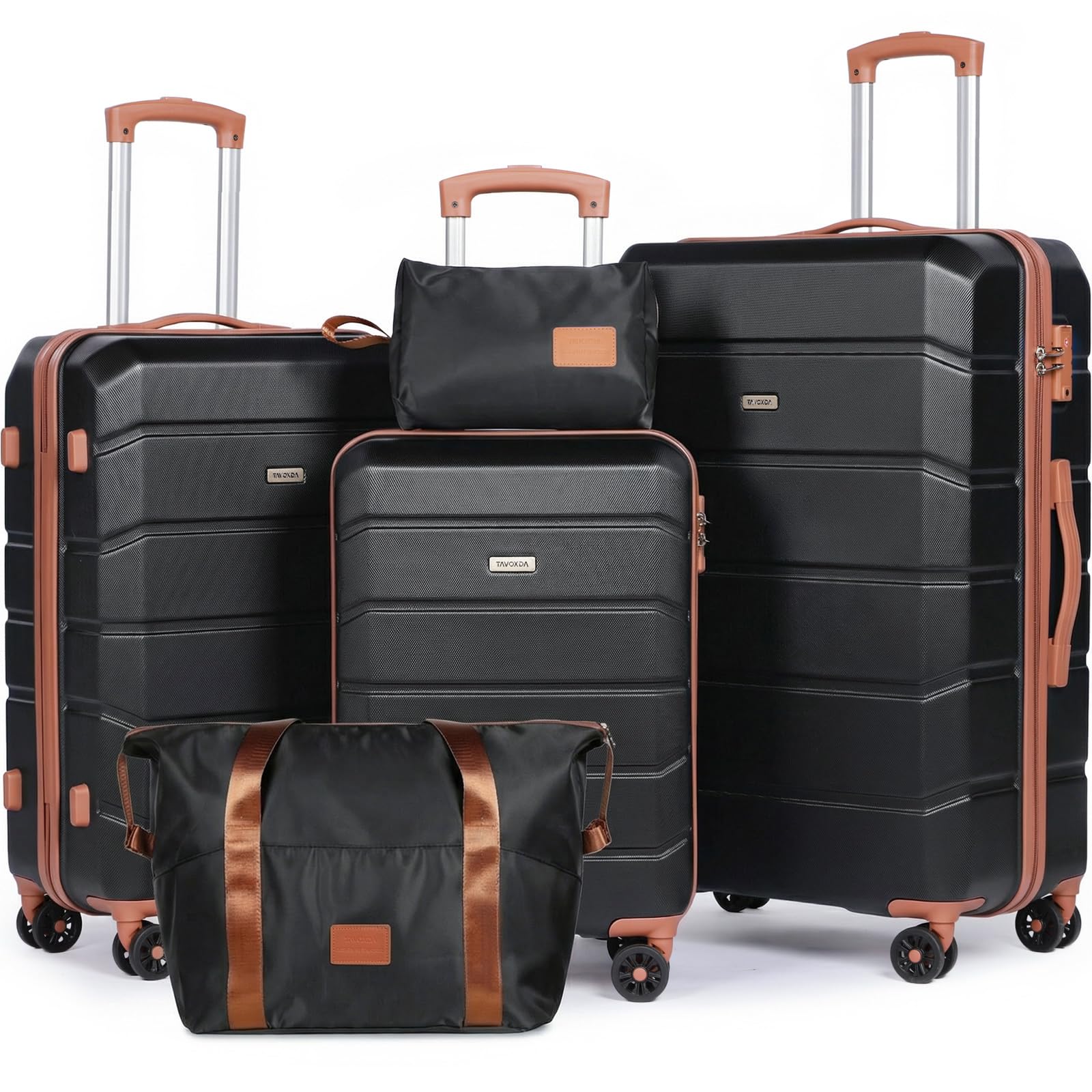 H.yeed Set di valigie 5 pezzi, valigie da viaggio leggere con ruote in ABS rigido, dotate di 4 ruote piroettanti e lucchetto TSA, per uomo e donna, 21"+24"+28"+borsa da viaggio e beauty case, nero