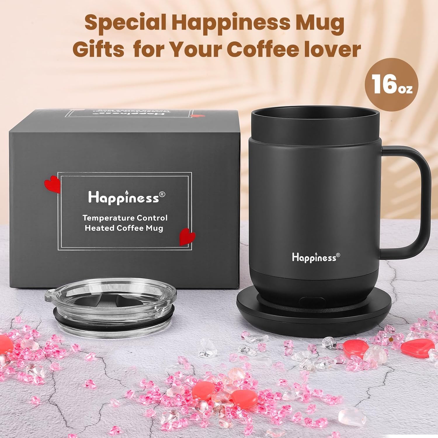 Happiness Taza de café con calefacción inteligente, taza de café eléctrica recargable de 16 onzas con control de temperatura