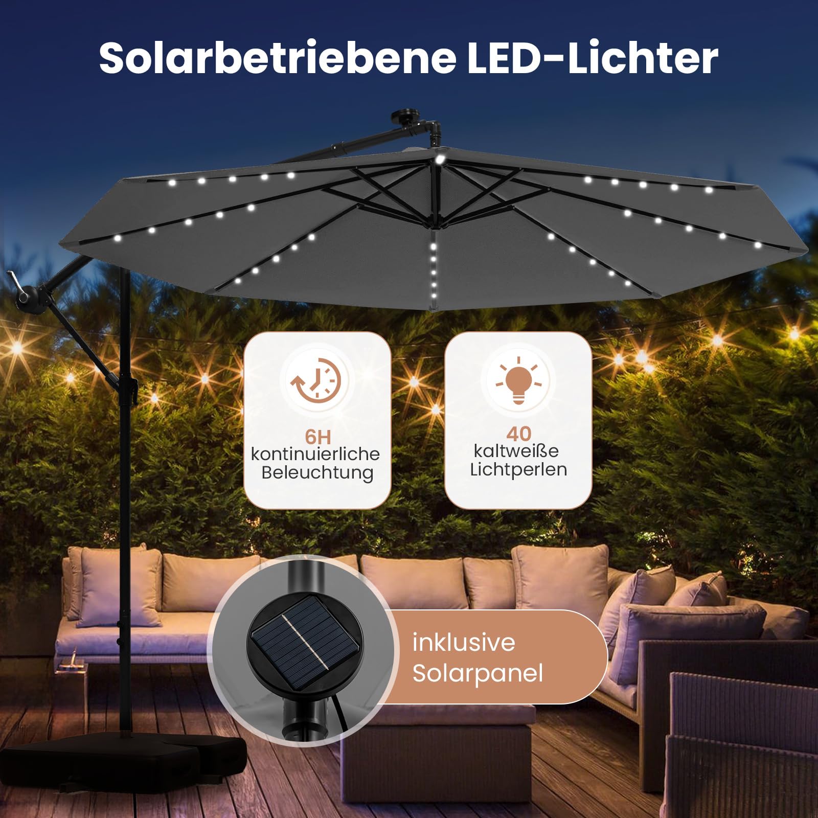 COSTWAY 300 cm Sonnenschirm mit Ständer und LED-Leuchten, Ampelschirm mit Kurbel, Gartenschirm, UV-Schutz, Marktschirm, Terrassenschirm für Garten, Pool, Terrasse (Grau)