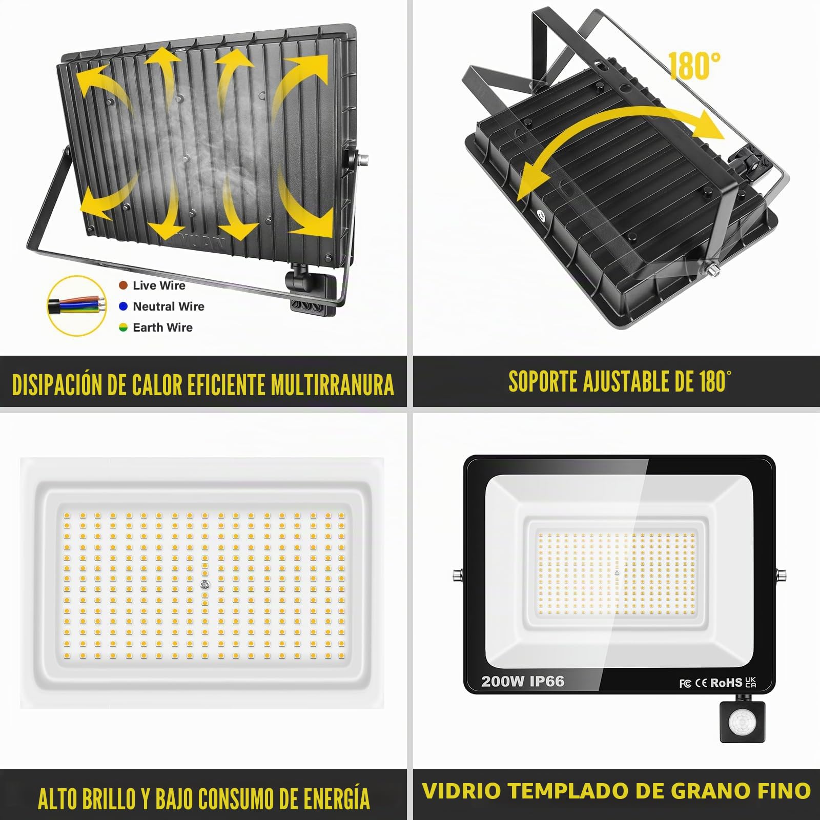 RIGIDON 200W Focos Led con Sensor Movimiento, 20000LM Proyector LED Exterior, IP66 Impermeable Foco LED Detector, 3000K Blanco Caldo Iluminación de Seguridad para Garaje Patio Jardín Terraza