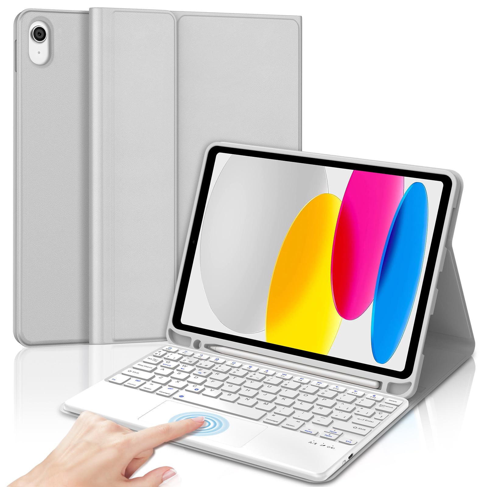 Teclado para iPad 11 Generación A16 2025/10 Gen 2022 (11/10.9 Pulgada) con Touchpad, Trackpad QWERTY Español Ñ, Keyboard Recargable Magnético Desmontable Bluetooth, Soporte para Lápiz, Gris claro
