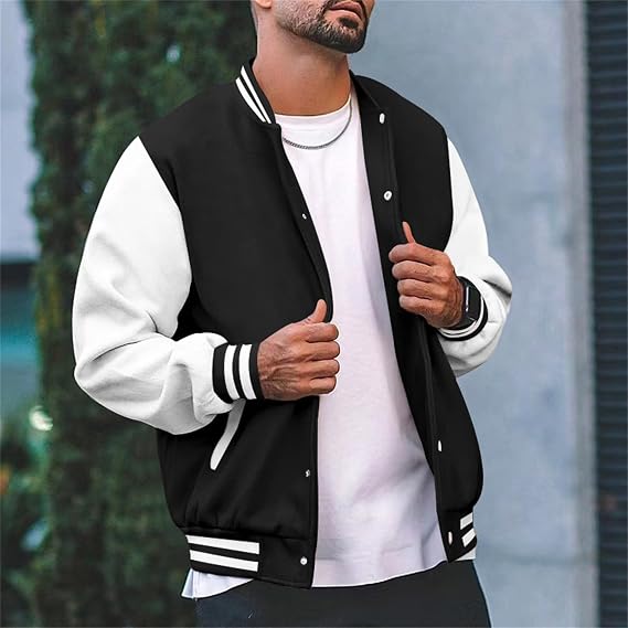 Men's Baseball Varsity Letterman College Jacket, Casual Slim Fit Jacket, Urban Classic Vintage Oldschool Model, Streetwear Sport Hip Hop, Wool Bodice and Sleeves