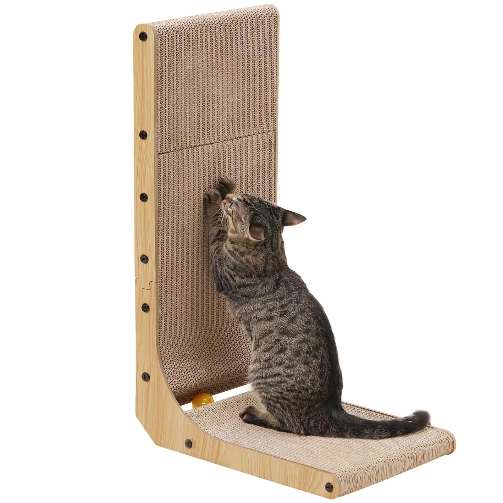 FUKUMARU Tiragraffi per Gatti, Tiragraffi Verticale a Forma di L Alto 68 cm, Tiragraffi con Palla Giocattolo, Tappetini Tiragraffi per Gatti in Cartone di Alta Qualità per Pareti e Angoli.