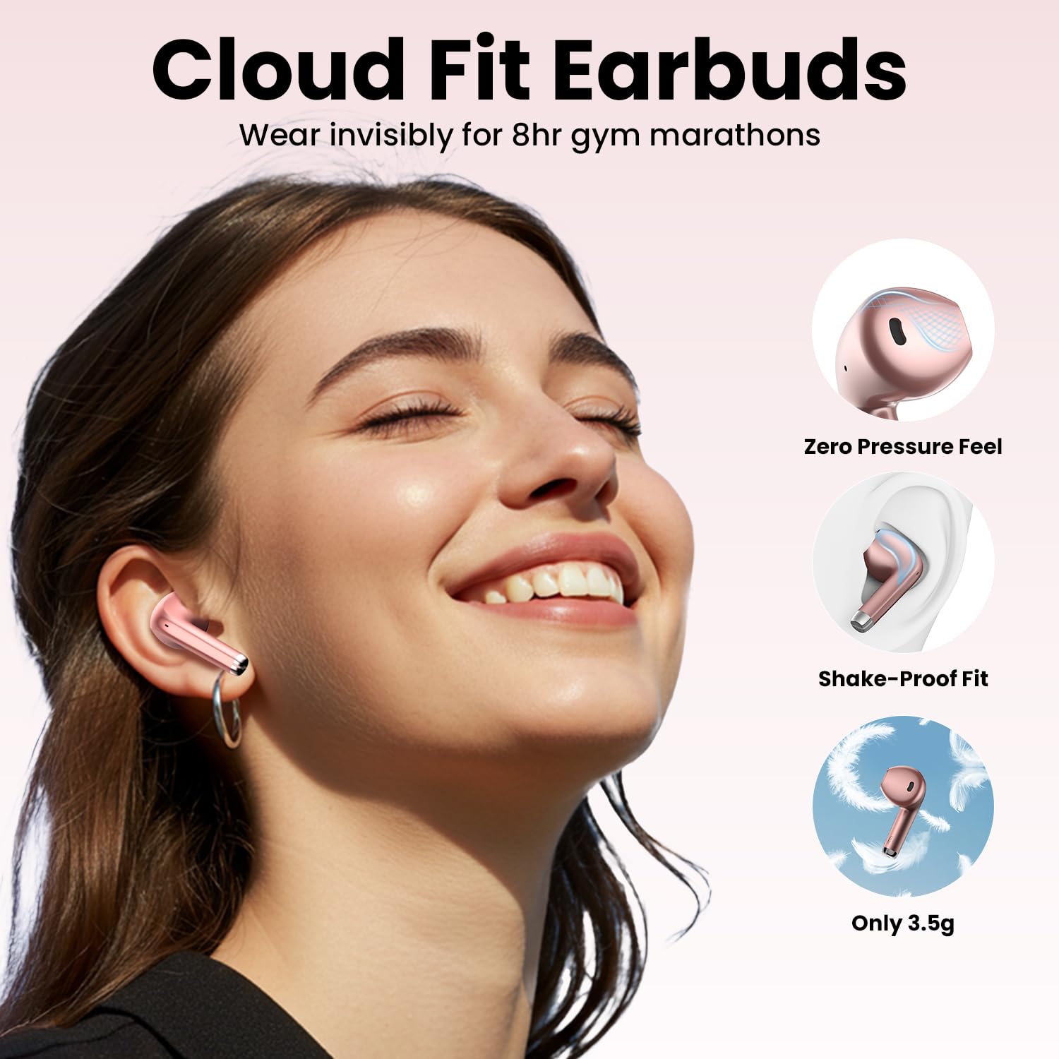 Haqquio Wireless Earbuds, Bluetooth Headphones with Deep Bass Stereo, 48H Playback Ear Buds with LED Power Display, Lightweight, IPX7, in-Ear Earphones with Mic for iPhone/Android/iPad, Rose Gold