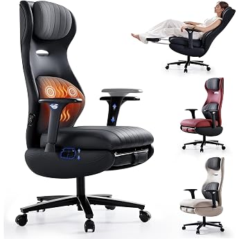 EMIAH Ergonomic Office Chair Desk Chair with Footrest Made of PU Leather Adjustable Armrests Compute Chair with Heating and Massage Executive Chair with Headrest and Lumbar Support Black