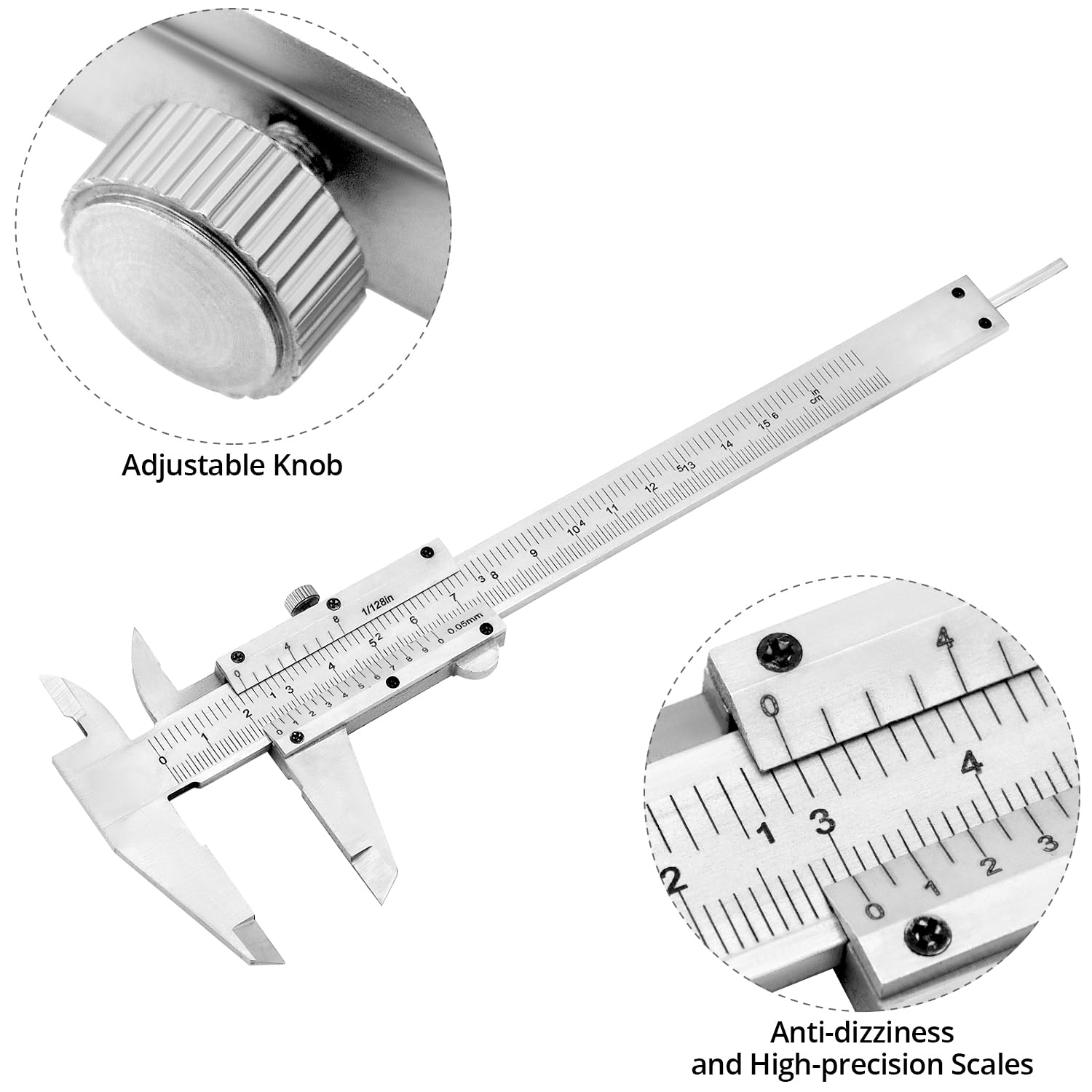 QWORK Calibre Vernier de Alta Precisión 6" 150 mm 0.05 mm 1/128" con Tornillo de Bloqueo