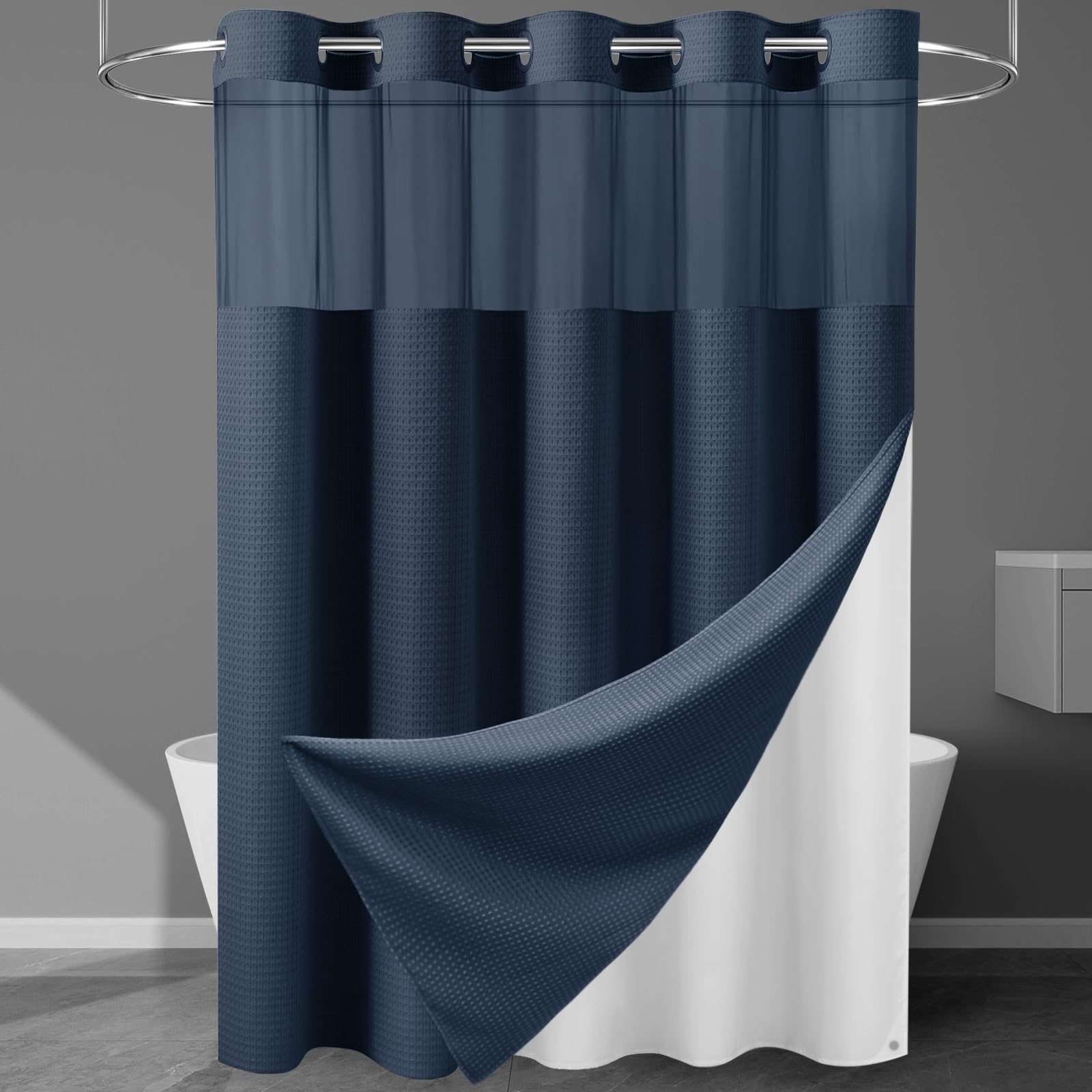 EUTXL Rideau de Douche sans Crochet avec Doublure à Clipser – 230 g/m² – Rideau de Douche à Tissage gaufré pour Salle de Bain – Bleu Marine – 180 x 188 cm (l x H)