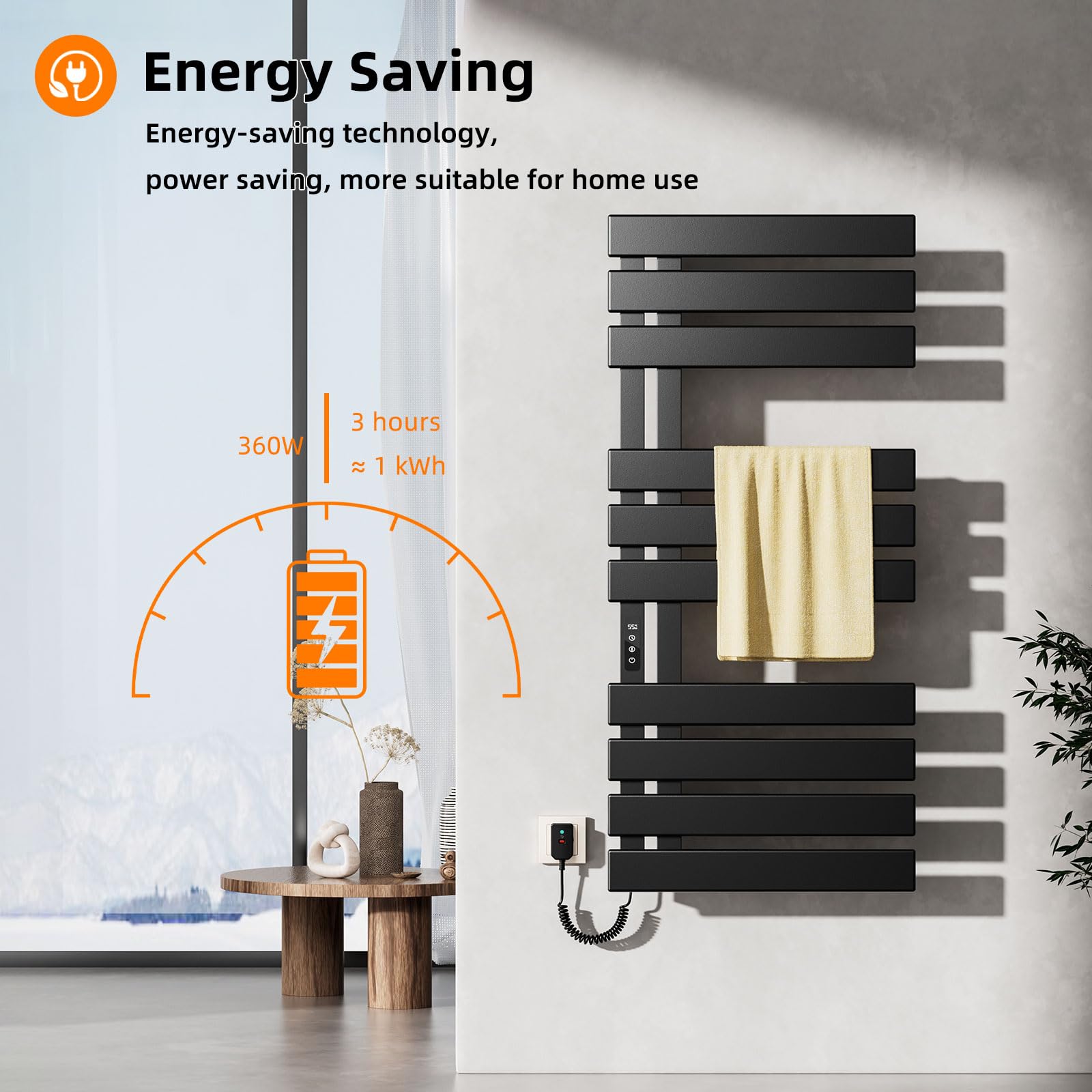 Radiador Toallero Eléctrico, 500x1100mm Toallero Baño Radiador, Secador de Toallas, Toallero Calentado, Secatoallas Electrico, Temperatura constante inteligente Calentador de Toallas Pared-Black Left