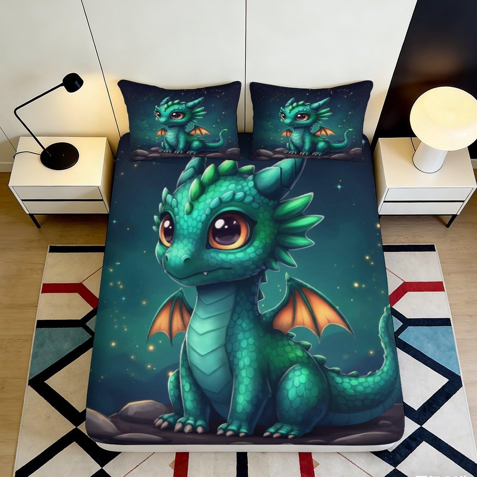 3D Printed Cute Dragon Fitted Sheet Microfiber Soft Breathable Fantasy Creature Bed Cover for Bedroom Dormitory Guest Room Mattress Protection 200x200x25cm