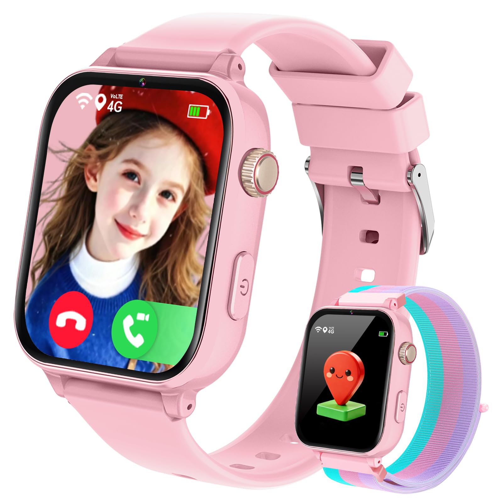 PTHTECHUS Smartwatch Kinder GPS und Telefon, 4G Uhr Kinder Smartwatch | Videoanruf, Voice Chat, Schulmodus WiFi SOS Spiele Wecker, Schrittzähler, Kinderuhr für Mädchen Jungen 4-12 Jahren, Rosa