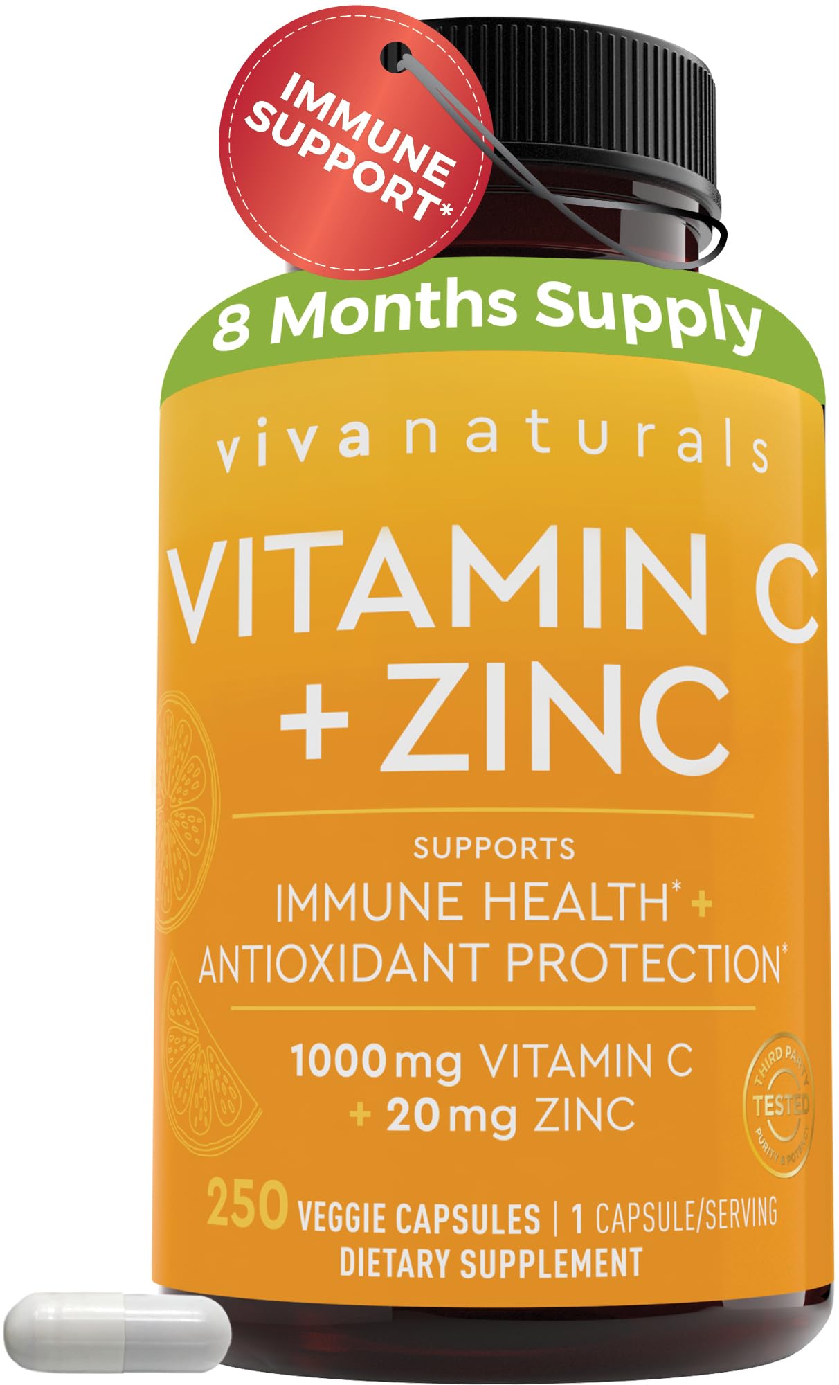 Viva Naturals Vitamin C and Zinc Supplements 1000mg - Zinc 20mg (250 Veggie Capsules) - High-Potency & Vitamin C with Zinc for Immune Support - Non-GMO, Gluten Free (8 Months Supply)