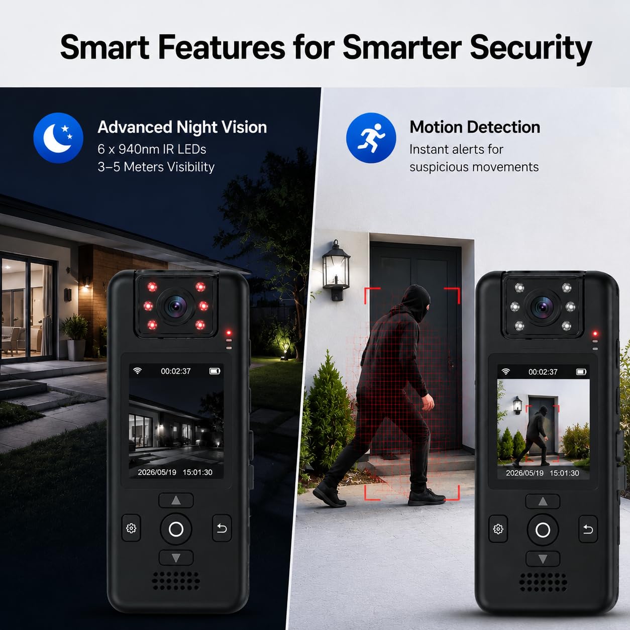 4K Bodycam Körperkamera Mini mit Audio und Video, 180° Drehbares Objektiv, Nachtsicht, Bewegungserkennung, SOS Alarm, 64GB Speicherkarte, Dual Akku & Ladestation für Sicherheit Outdoor Reisen