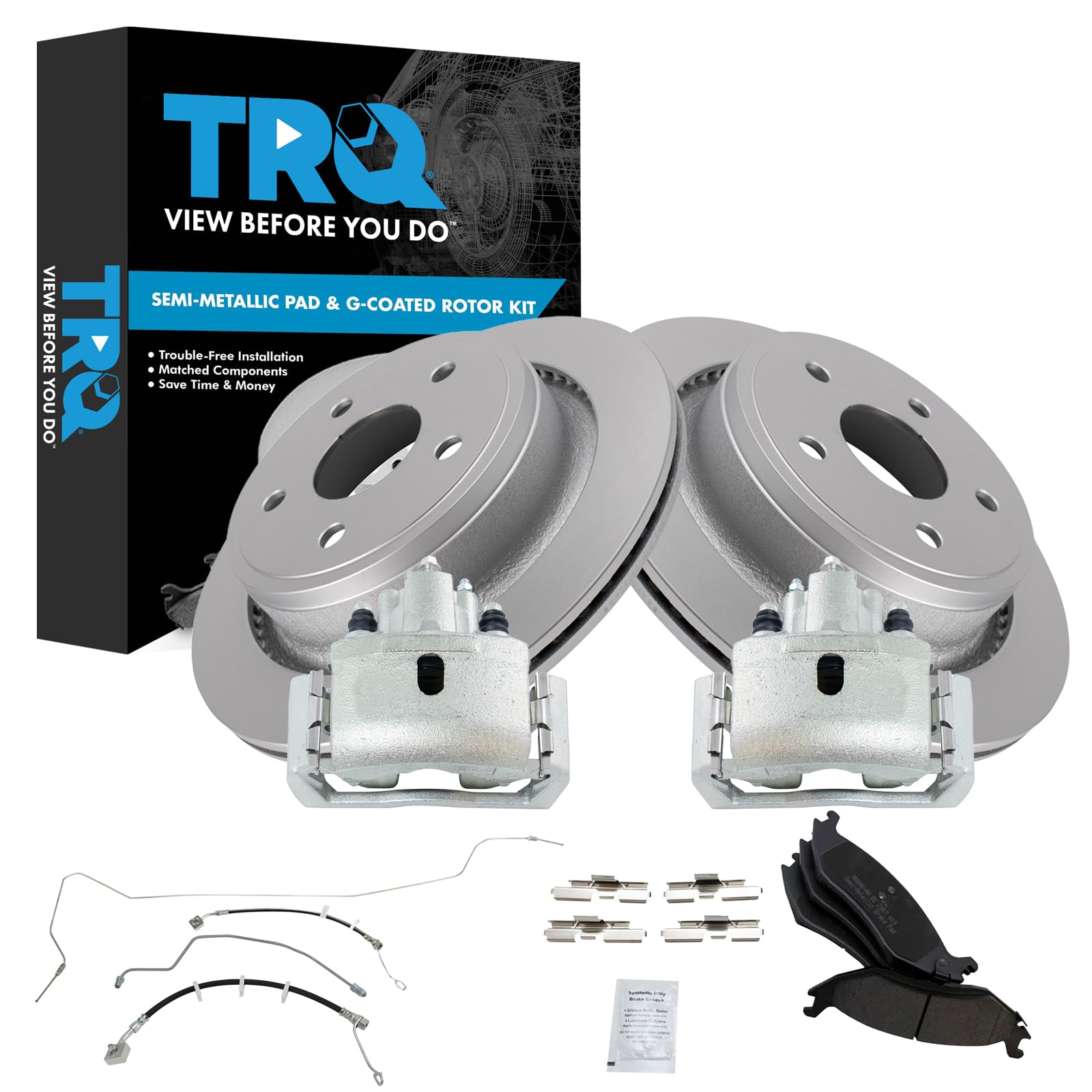 TRQ Rear Brake Pad &amp; Rotor Kit Semi-Metallic Premium G-Coated Compatible with 2014-2017 Ram 1500