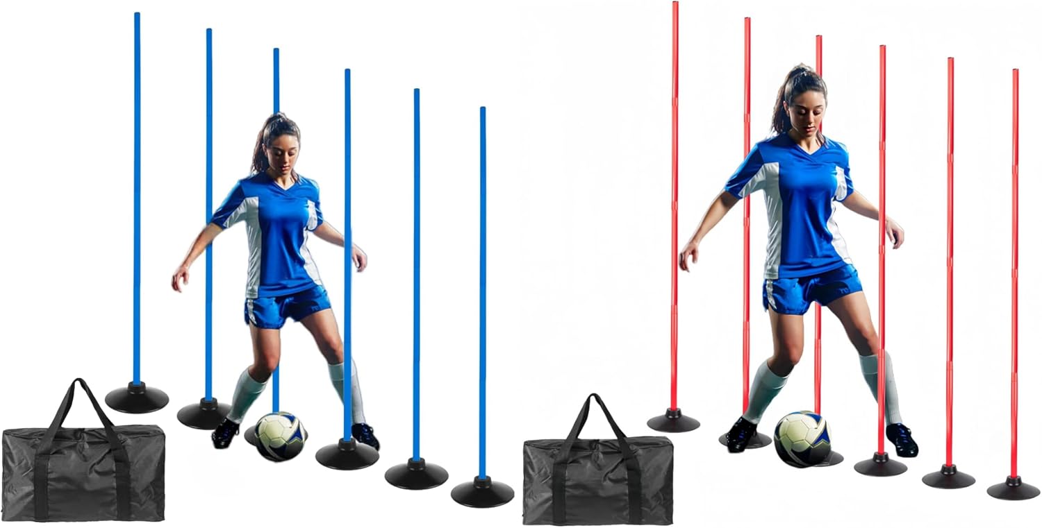 12 Pcs 5 FT Adjustable Agility Training Poles for Soccer,Basketball,Football, Horse,Dog-Speed and Agility Training Equipment Sports Training Poles with Rubber Bases and Bag(Blue+Red)