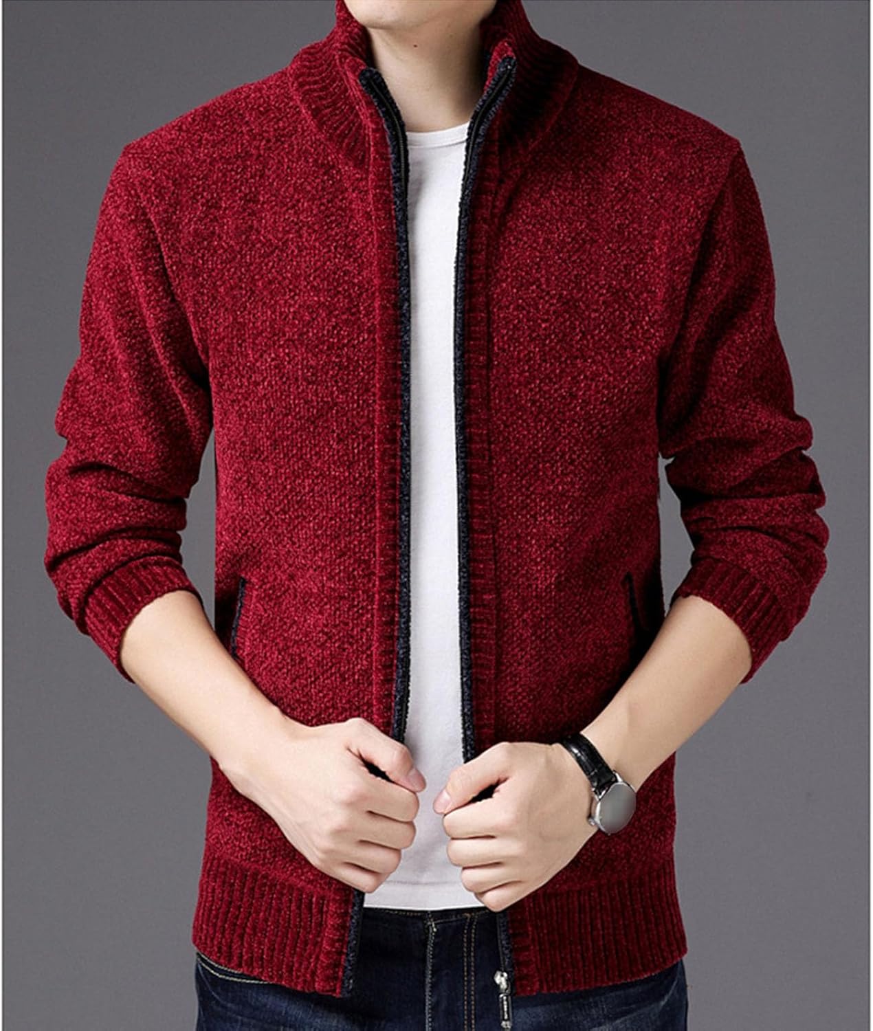 Mens Stand Collar Cardigan Sweaters Slim Fit Full Zip Up Cable Knit Sweater Casual Knitted Cardigans With Pockets