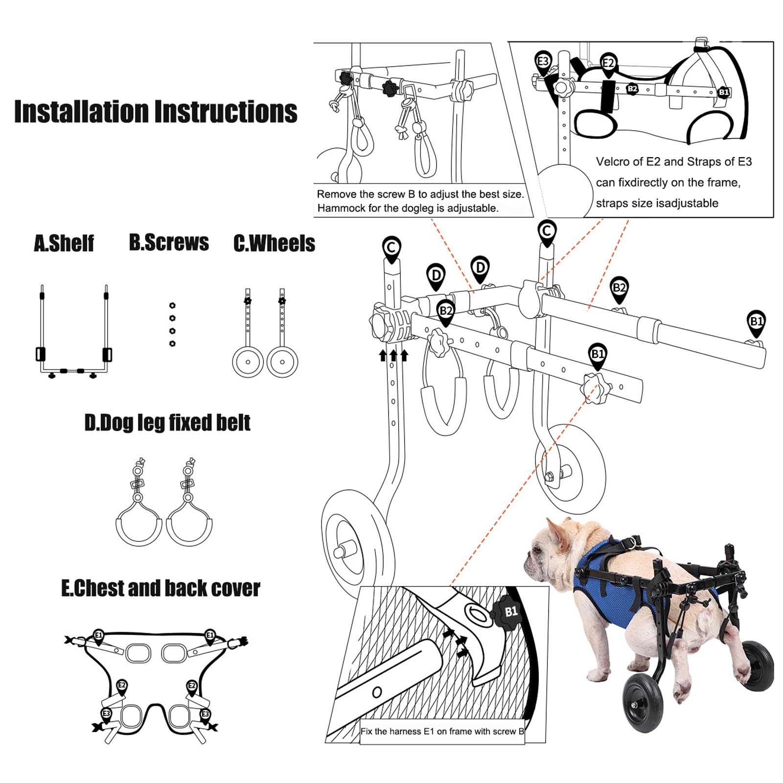 Carrello Cani Disabili Sedia a Rotelle per Cani con Supporto Completo A 2 Ruote, per Tutore per Gambe, Sedia A Rotelle per Esercizi per Animali DisabiliBlue,XS