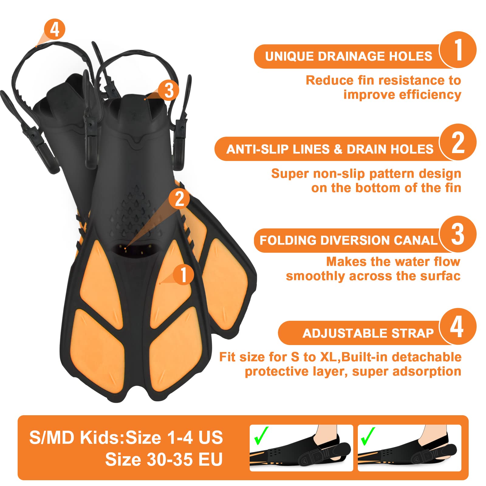 Set da snorkeling per bambini, pinne regolabili + maschera panoramica + tubo da snorkeling asciutto + borse da viaggio - adatto per bambini e ragazzi, età 5-14 anni
