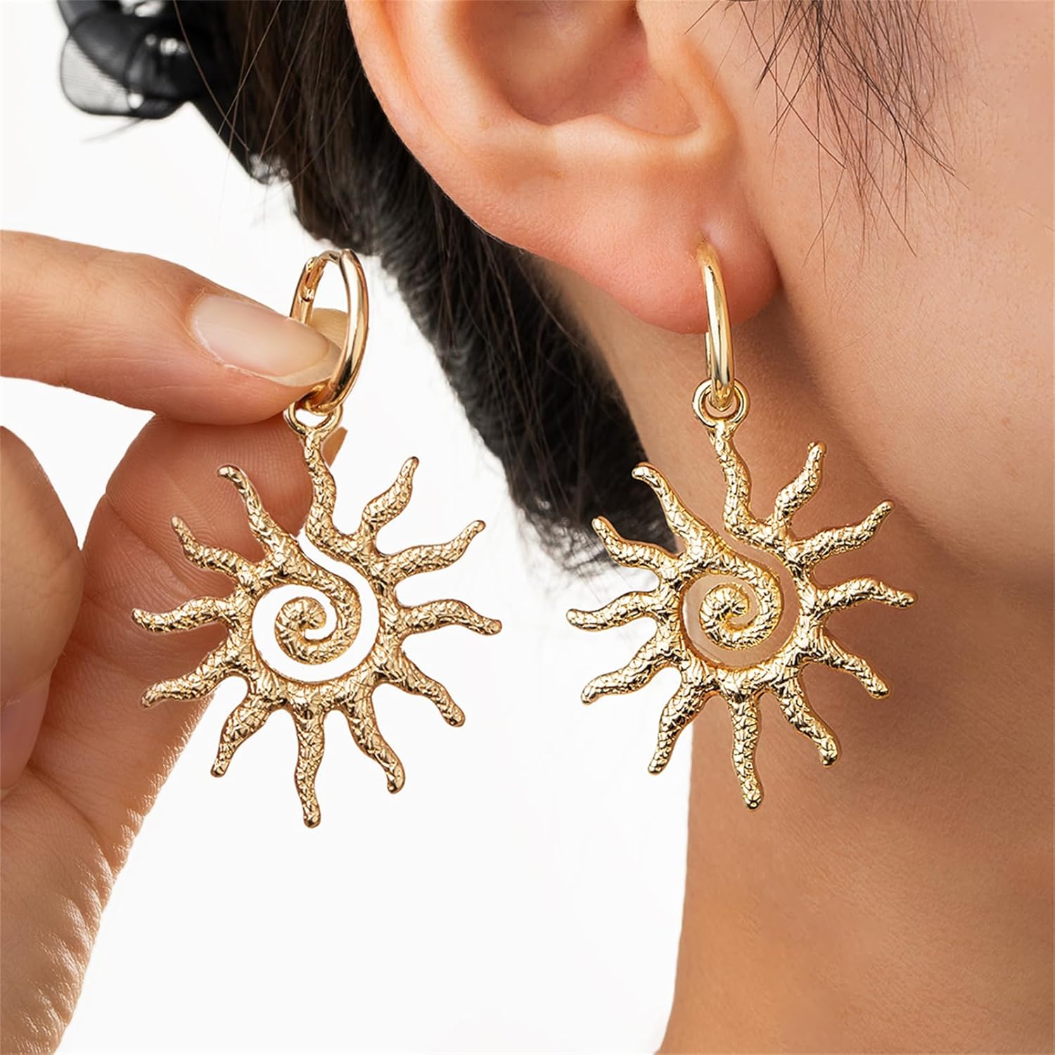 Dreuyet Sun Earrings and Necklace for Women Dainty Chunky Spiral Gold Sunburst Sunflower Charm Pendant Necklace Statement Huggie Hoop Earrings Prom Party Jewelry Gifts - Image 4