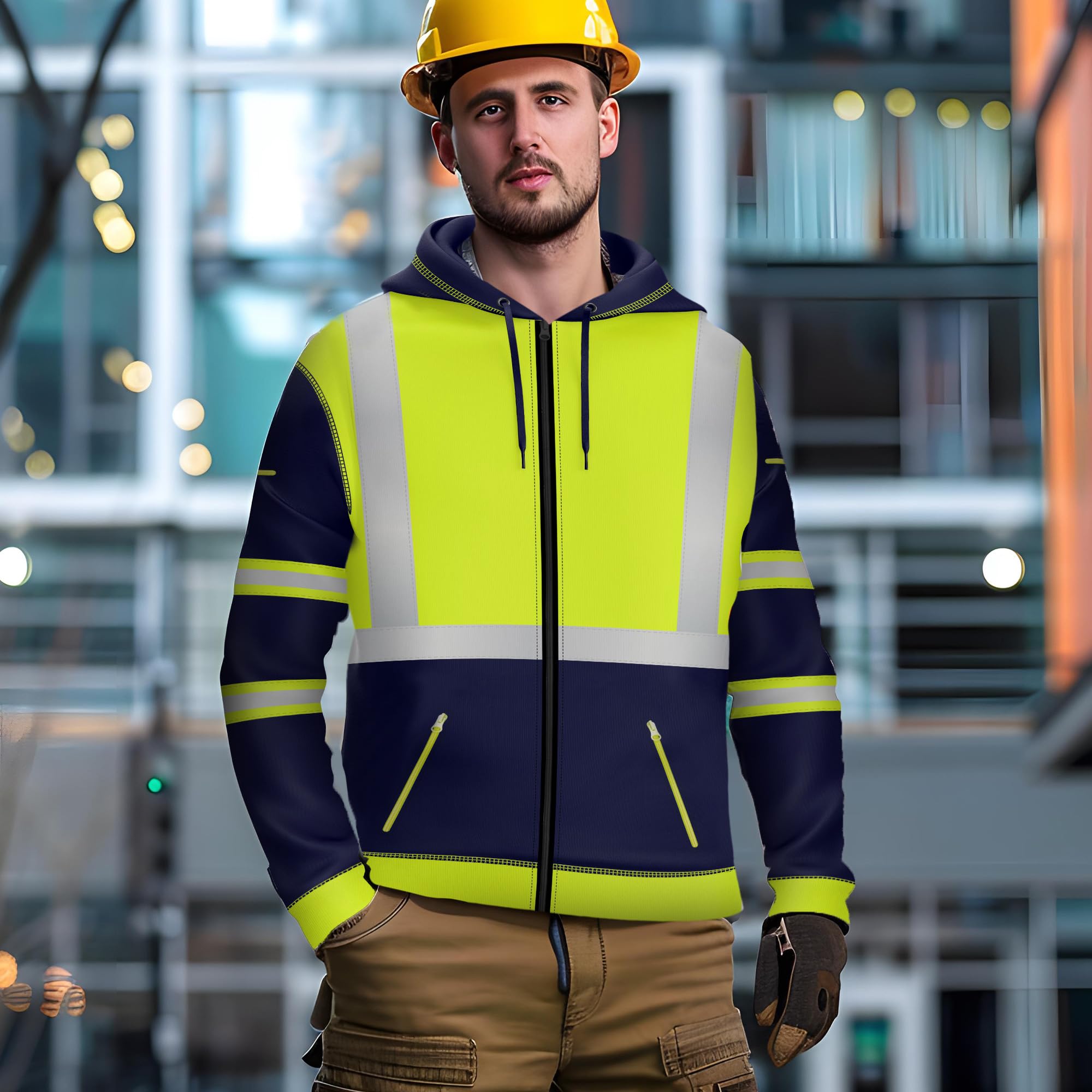 NOROZE Felpa da Uomo Hi-Viz con Zip Frontale con Nastro Riflettente ad Alta visibilità Cappotto di Sicurezza con Cerniere utilità per Telefono e Tasche per Gadget Felpa Top Jacket Taglia S-XXL