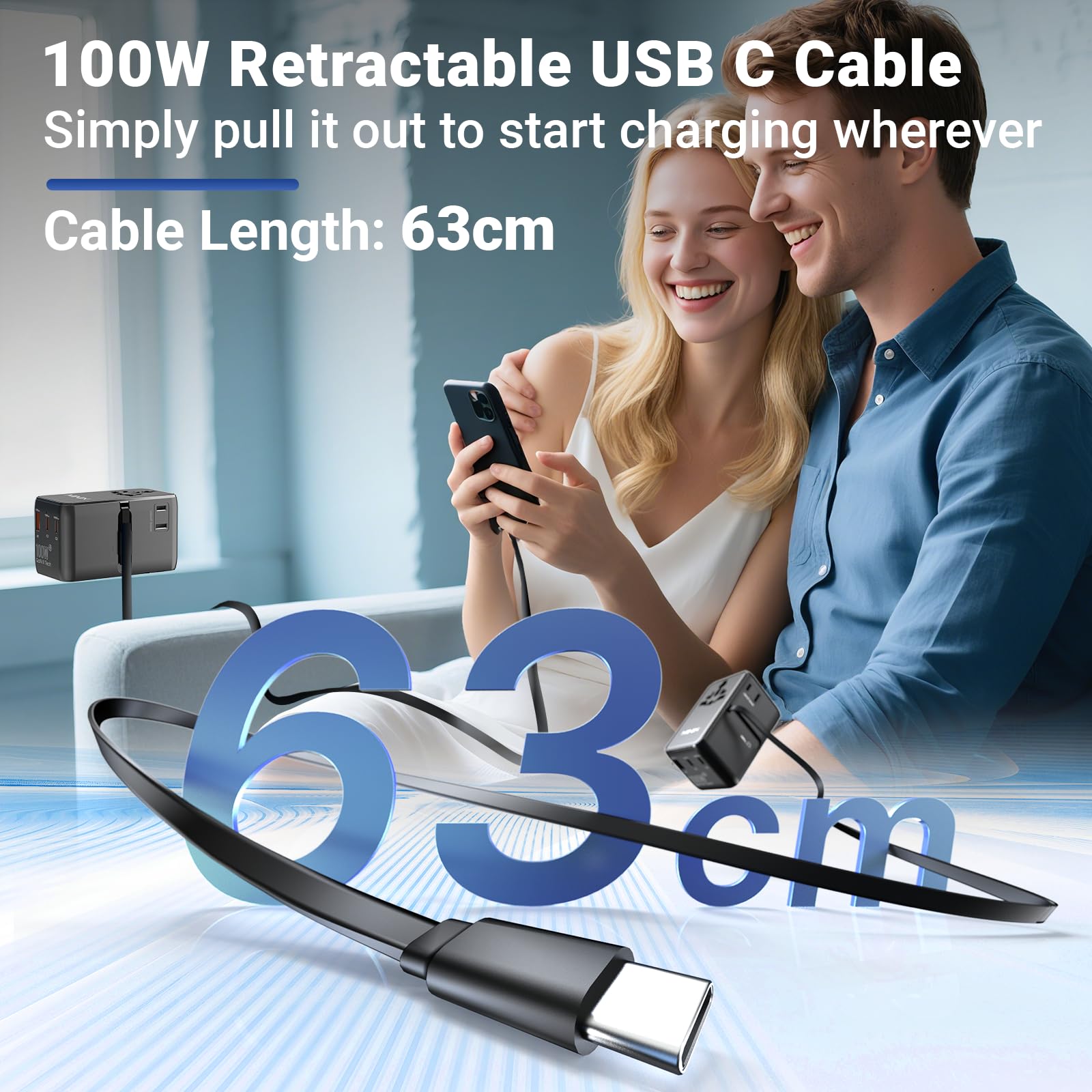 MINIX Adapter do podróży uniwersalny 100W z przewodem USB C składanym, PD 3.0 GaN III, porty USB-C * 3 USB-A * 1, gniazdo AC, ładowarka podróżna globalna dla laptopów, tabletów, telefonów