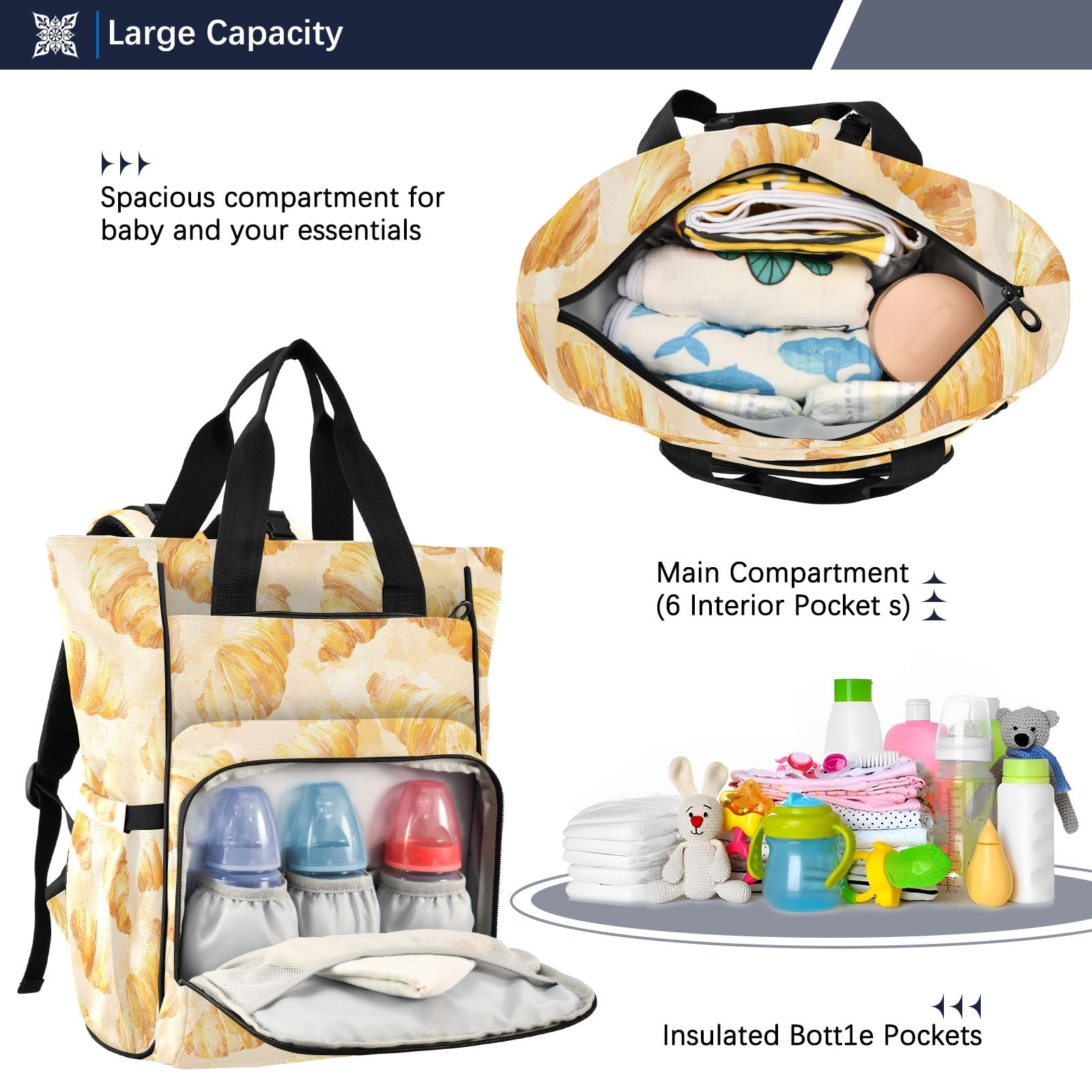 Mnsruu Croissant - Borsa per pannolini per bambini, motivo acquerello, grande, impermeabile, da viaggio, per mamme e papà